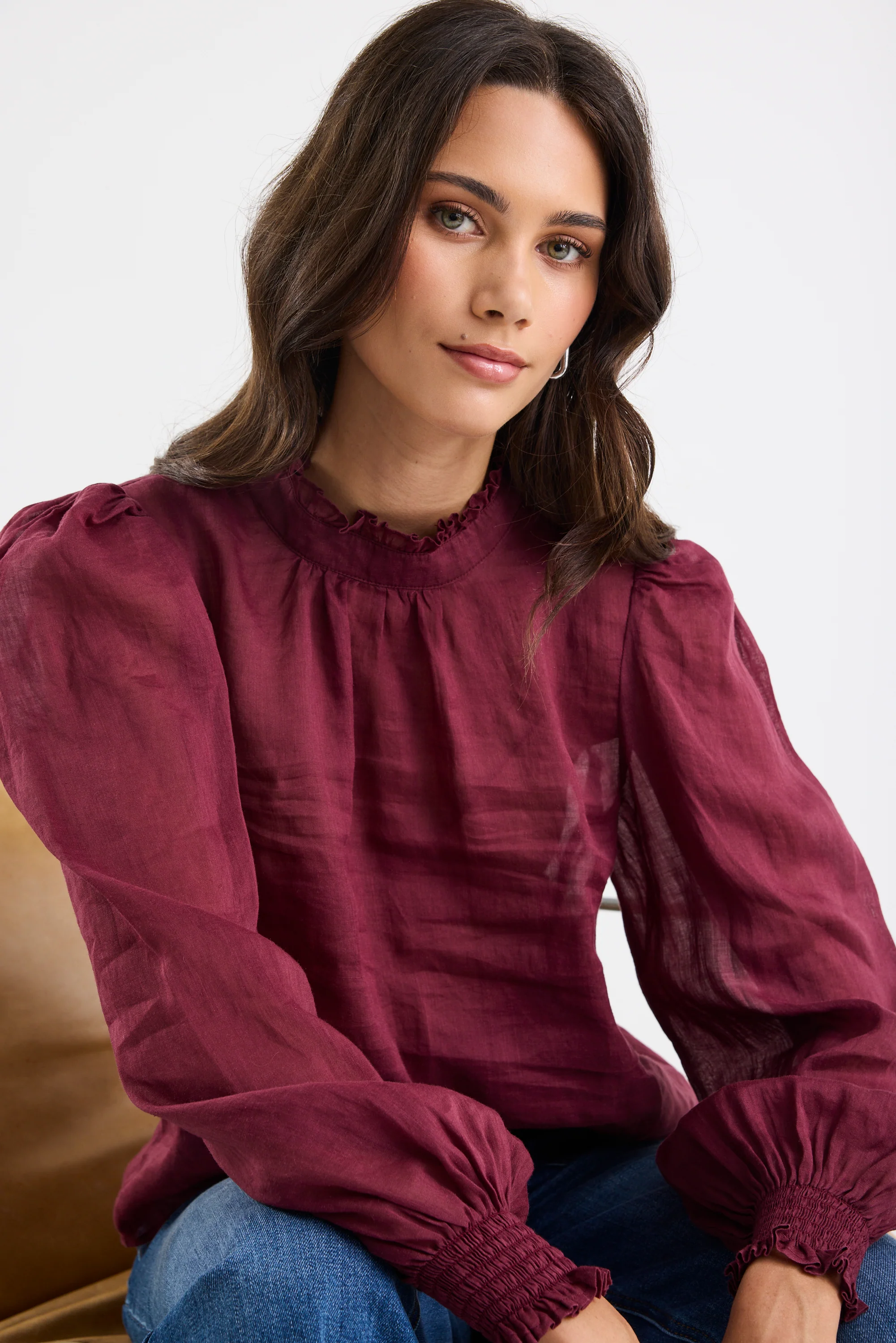 Poet Burgundy Plum Sheer Long Sleeve High Neck Top - Image 3