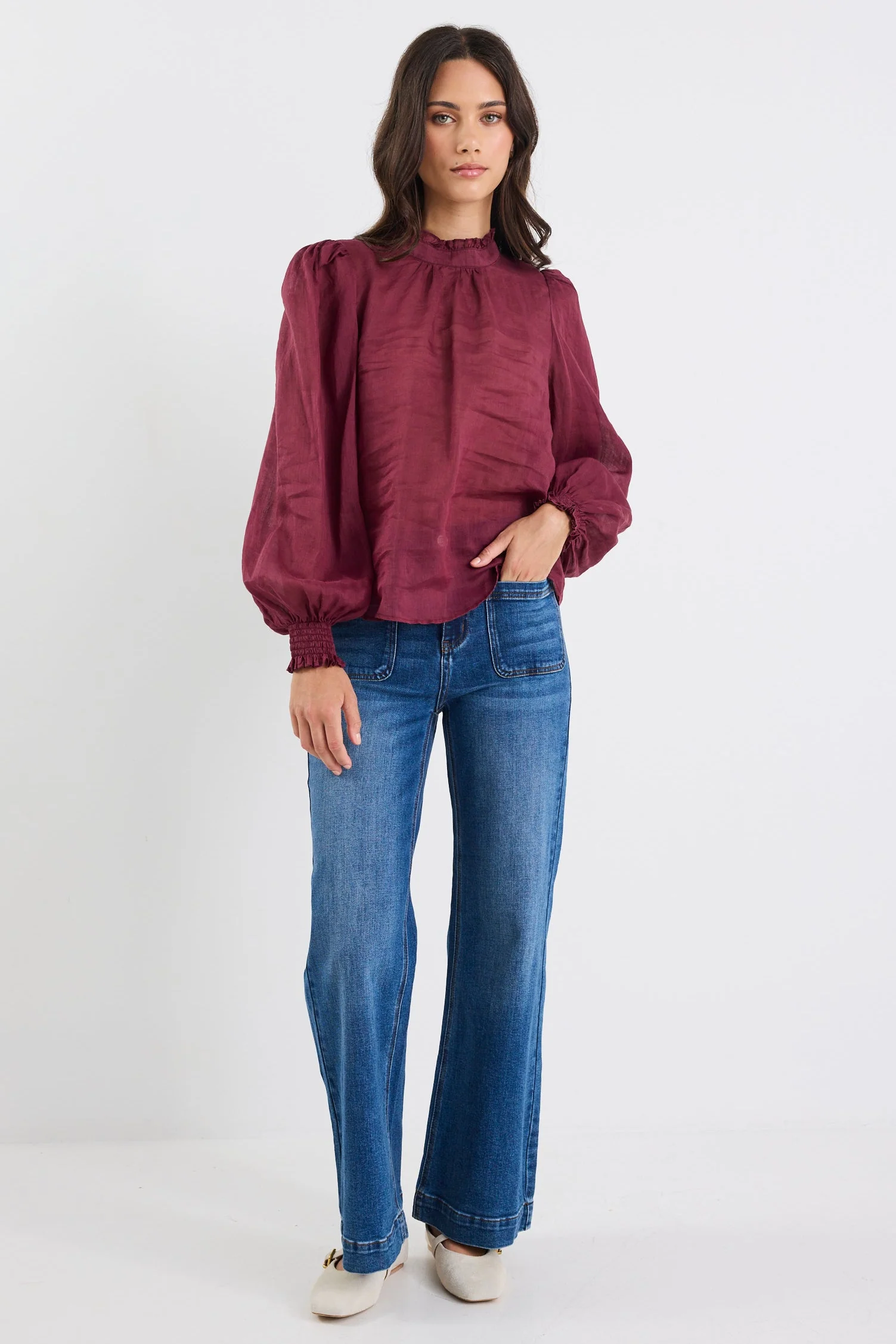 Poet Burgundy Plum Sheer Long Sleeve High Neck Top - Image 4