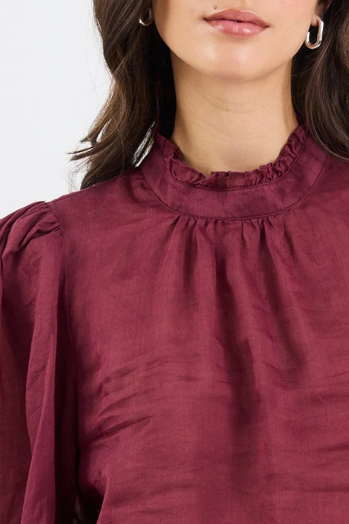 Poet Burgundy Plum Sheer Long Sleeve High Neck Top - Image 6