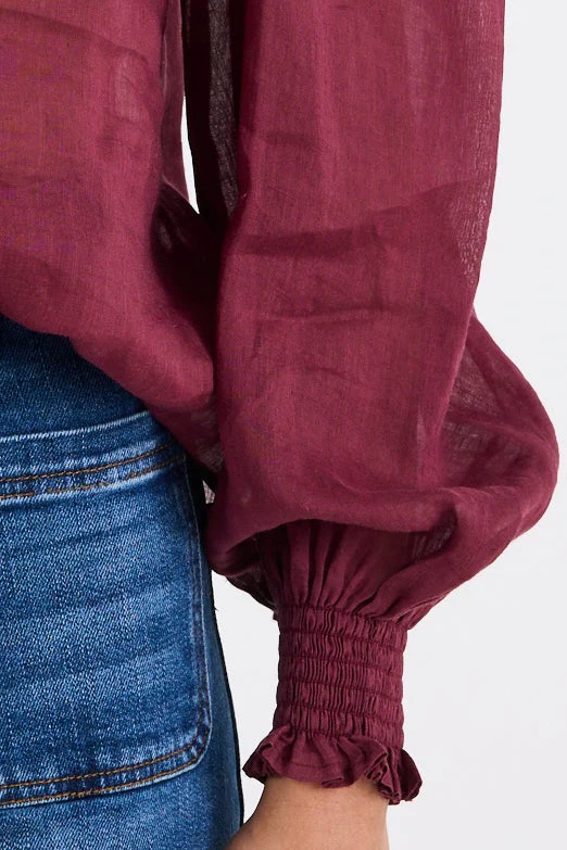 Poet Burgundy Plum Sheer Long Sleeve High Neck Top - Image 7