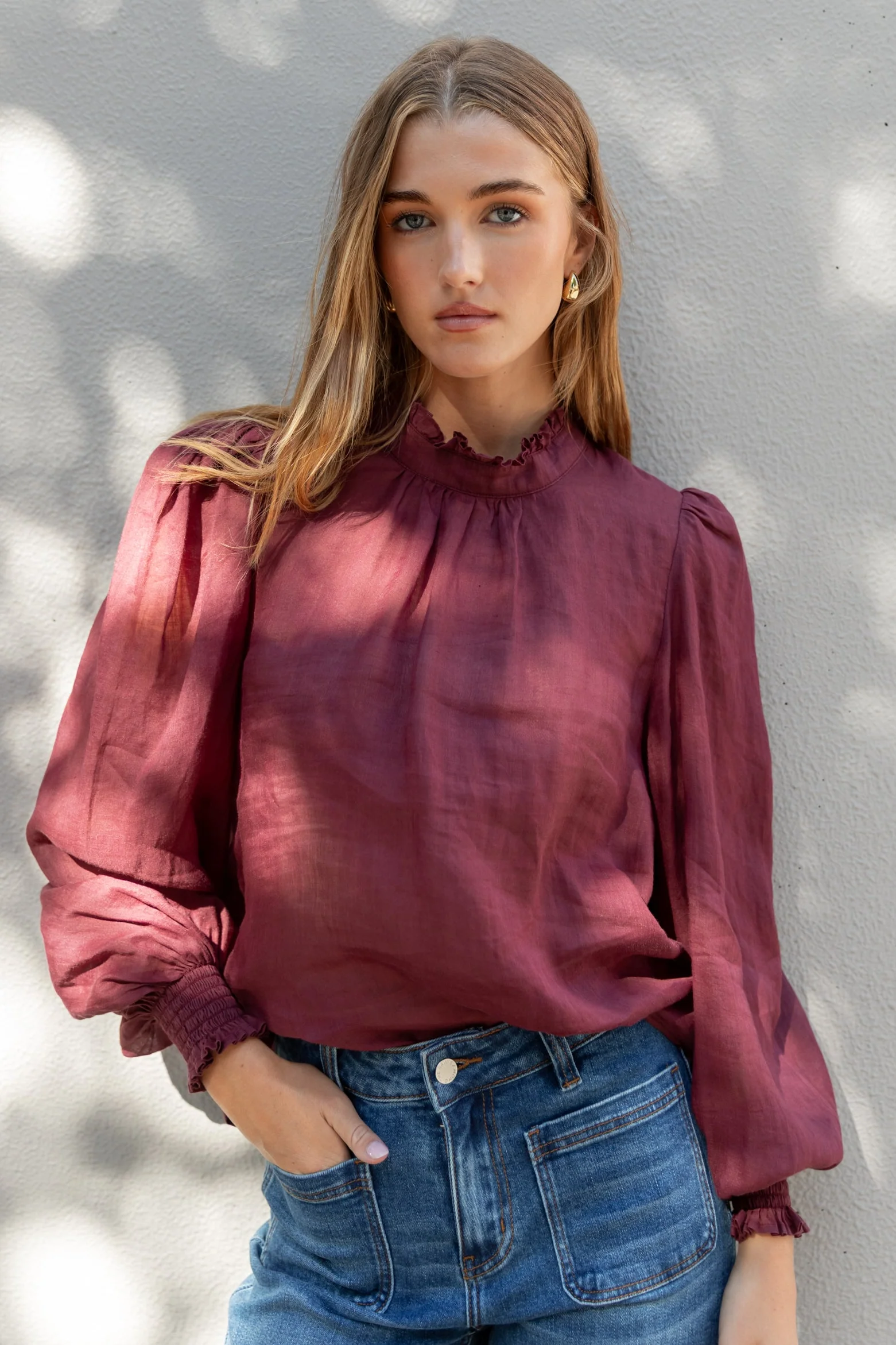 Poet Burgundy Plum Sheer Long Sleeve High Neck Top - Image 8