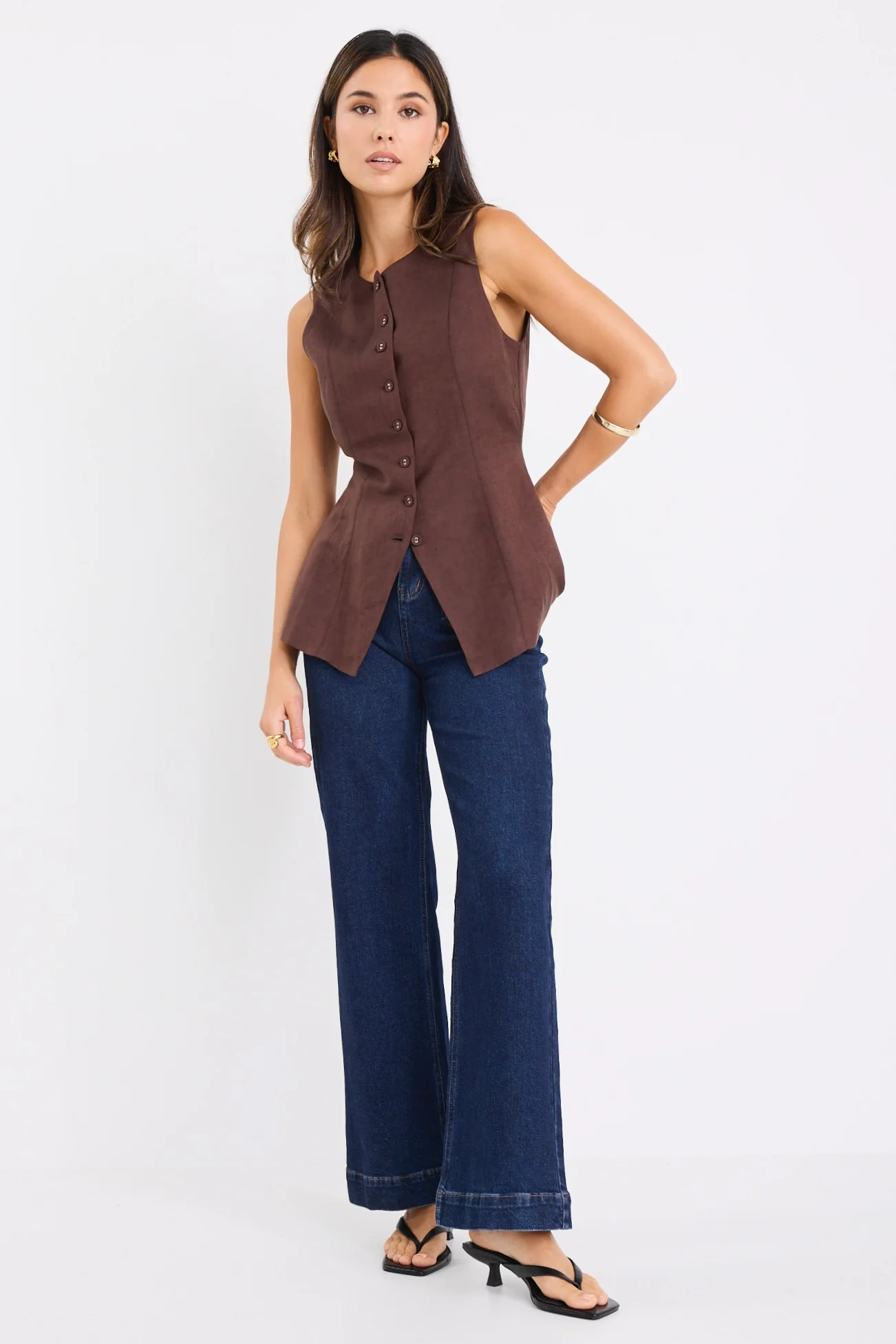Polarity Chocolate Linen Viscose Crew Neck Fitted Vest - Image 3