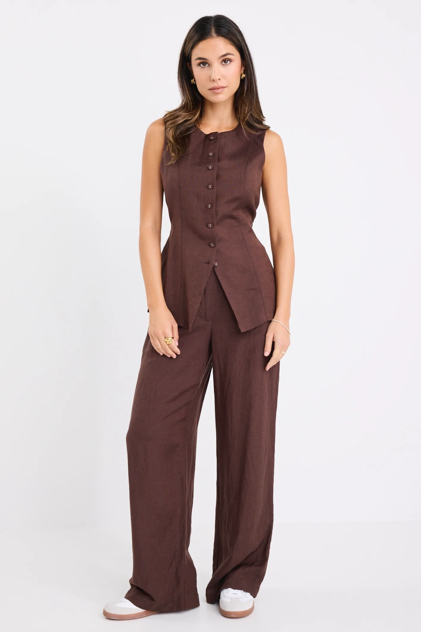 Polarity Chocolate Linen Viscose Crew Neck Fitted Vest - Image 5