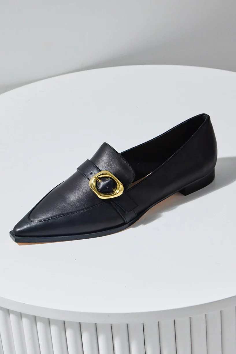 Poppy Black Leather Gold Buckle Loafer - Image 2