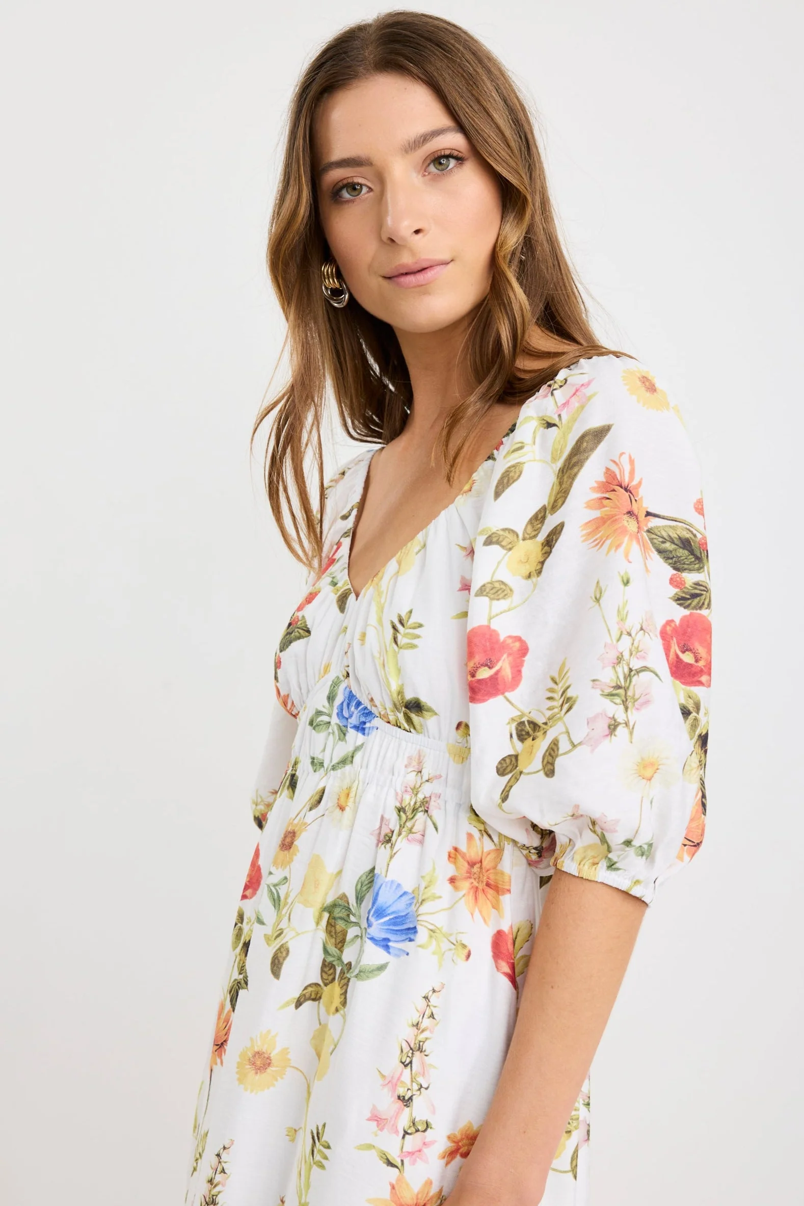 Posy Cream Garden Print Sweetheart Puff Sleeve Midi Dress - Image 2