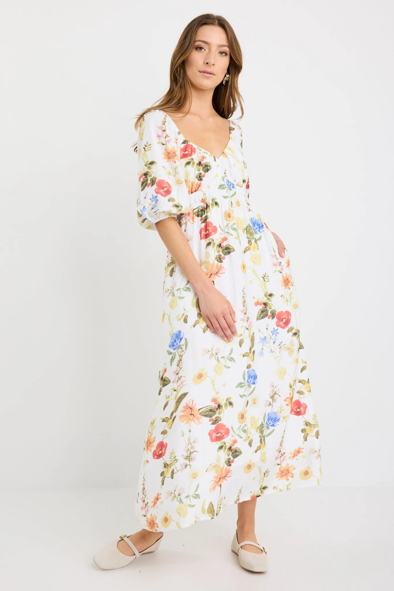 Posy Cream Garden Print Sweetheart Puff Sleeve Midi Dress - Image 3