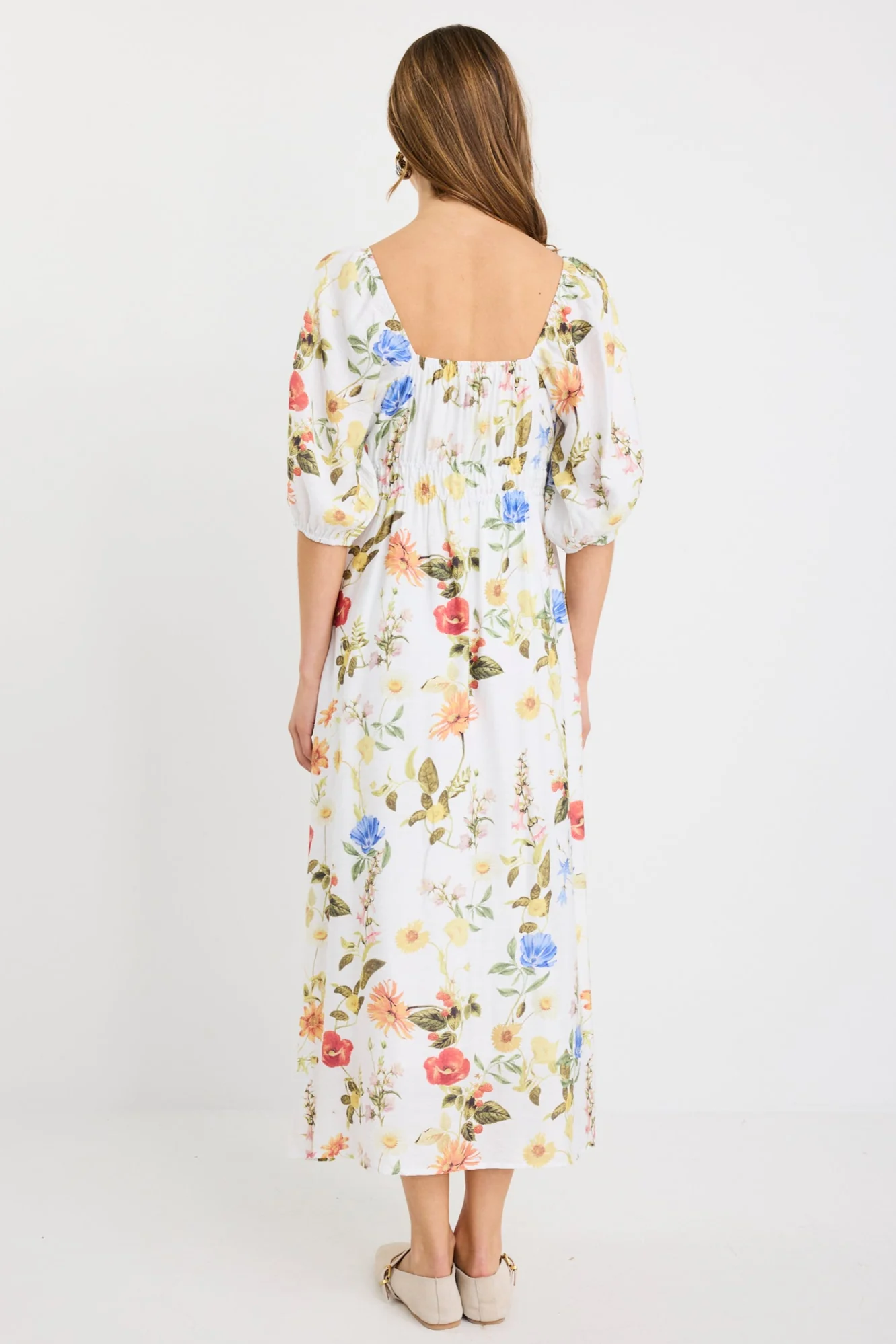 Posy Cream Garden Print Sweetheart Puff Sleeve Midi Dress - Image 4