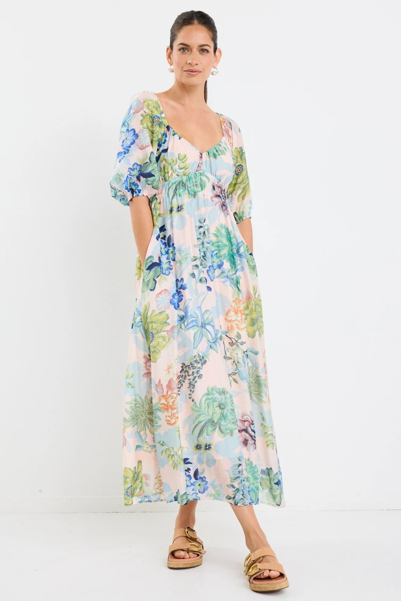 Posy Blue Posy Print Sweetheart Puff Sleeve Midi Dress - Image 3