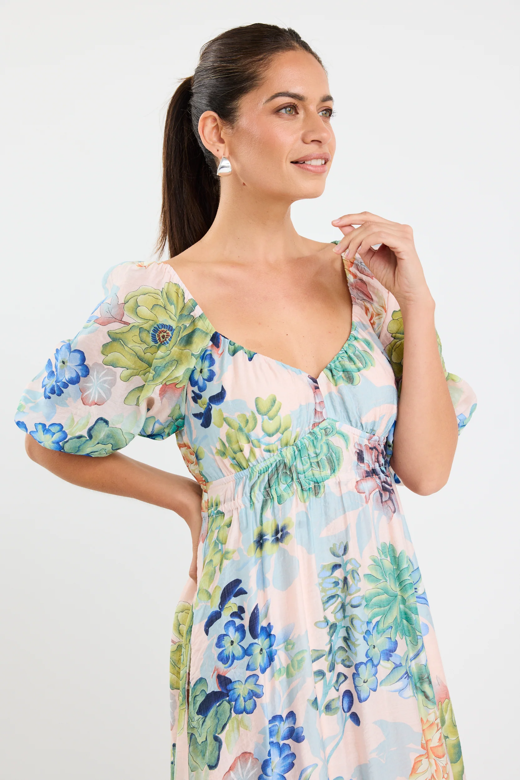 Posy Blue Posy Print Sweetheart Puff Sleeve Midi Dress - Image 4