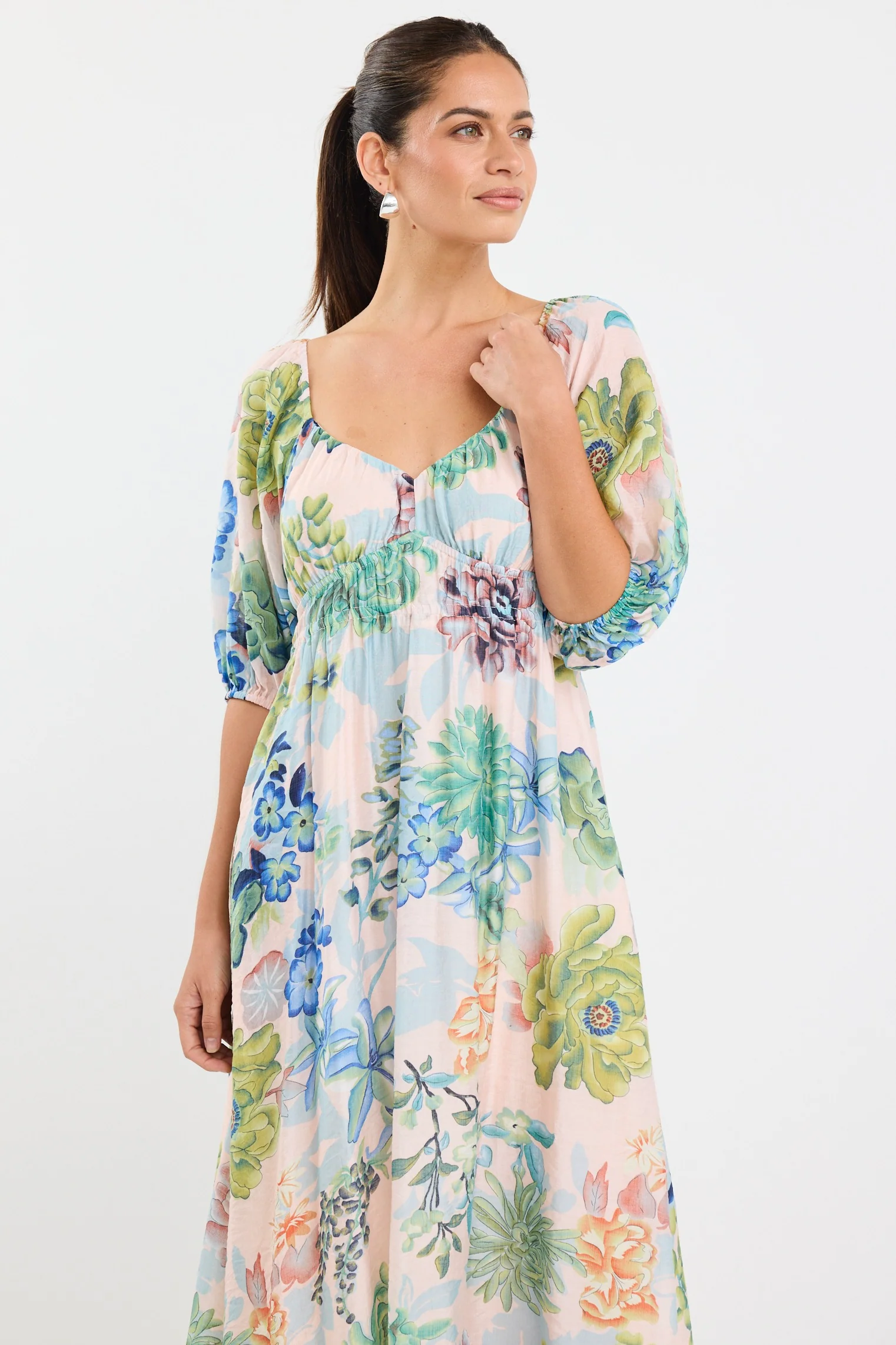 Posy Blue Posy Print Sweetheart Puff Sleeve Midi Dress - Image 5