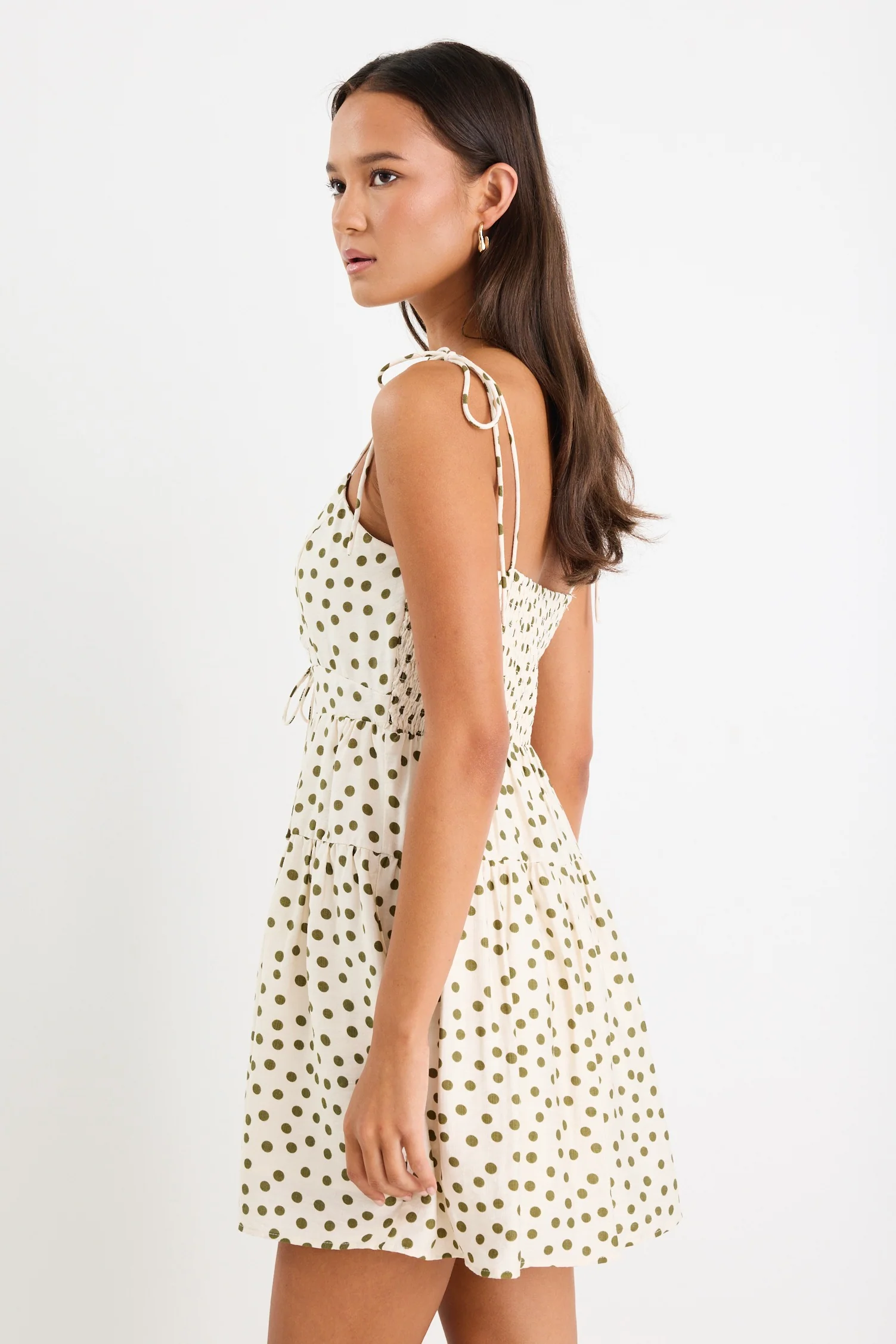 Prato Ivory Khaki Polka Dot Strappy Tiered Mini Dress - Image 6