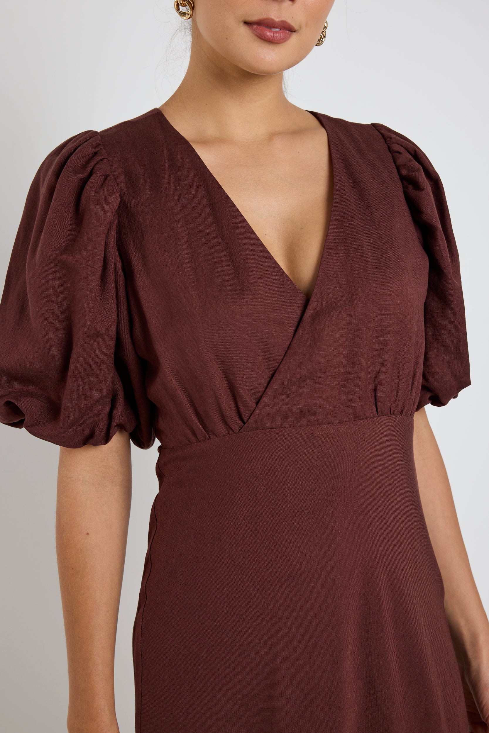 Preview Chocolate Puff Sleeve V Neck Bias Midi Dress - Image 4