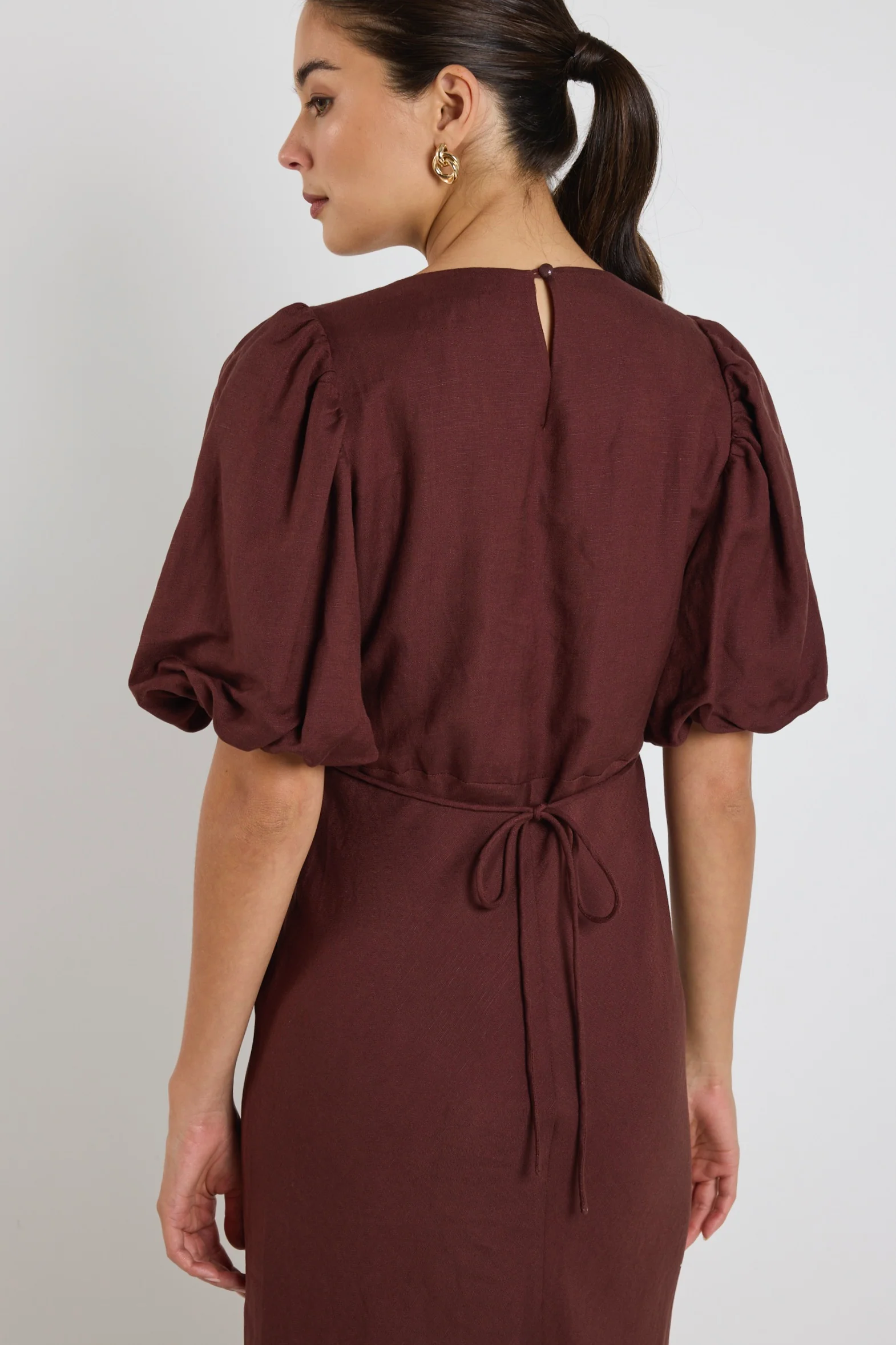 Preview Chocolate Puff Sleeve V Neck Bias Midi Dress - Image 5