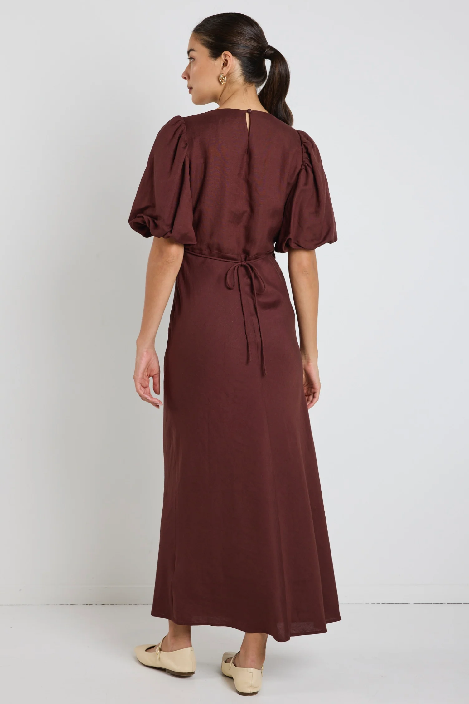 Preview Chocolate Puff Sleeve V Neck Bias Midi Dress - Image 6