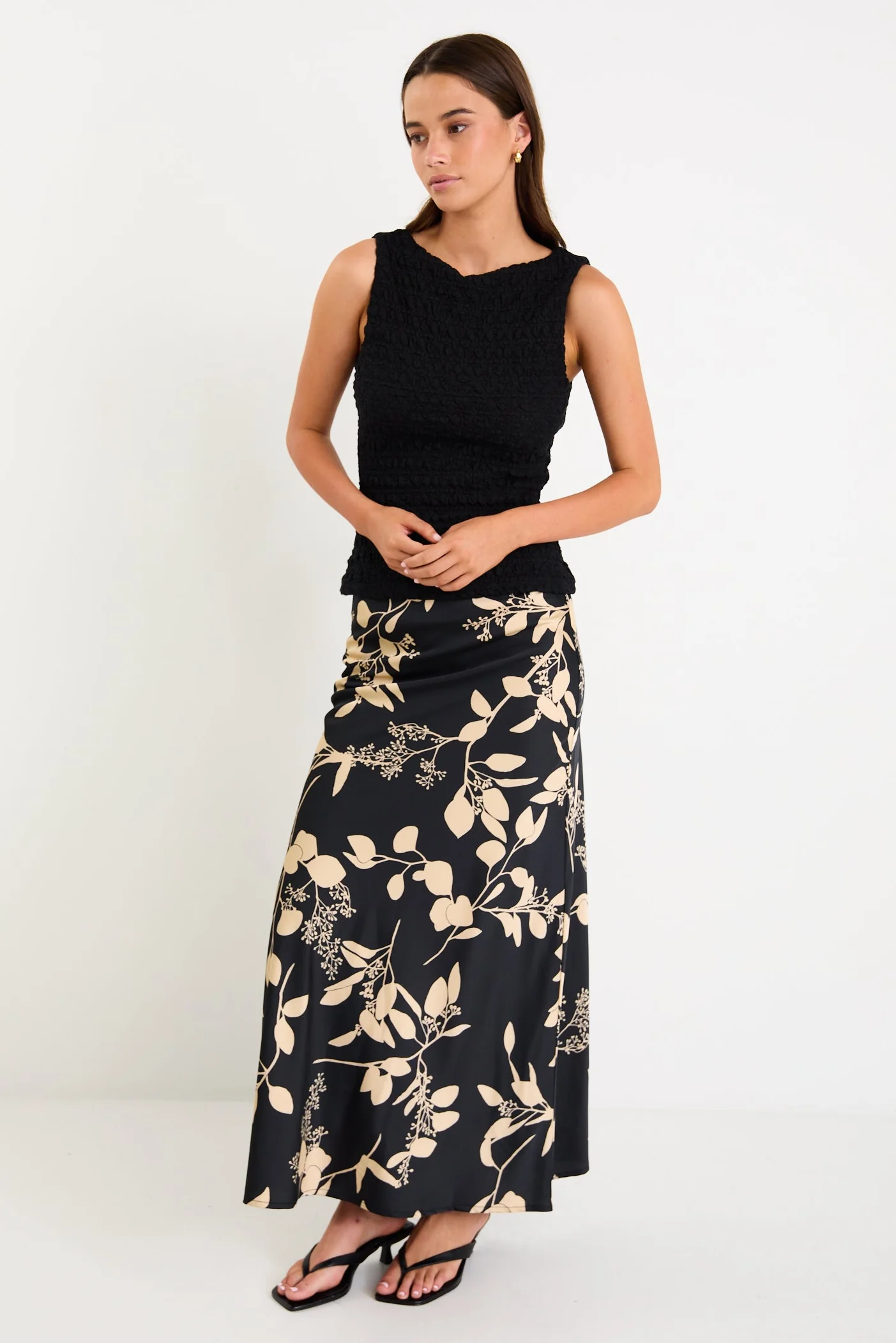 Prodigy Black Beige Floral Satin Bias Cut Maxi Skirt - Image 2