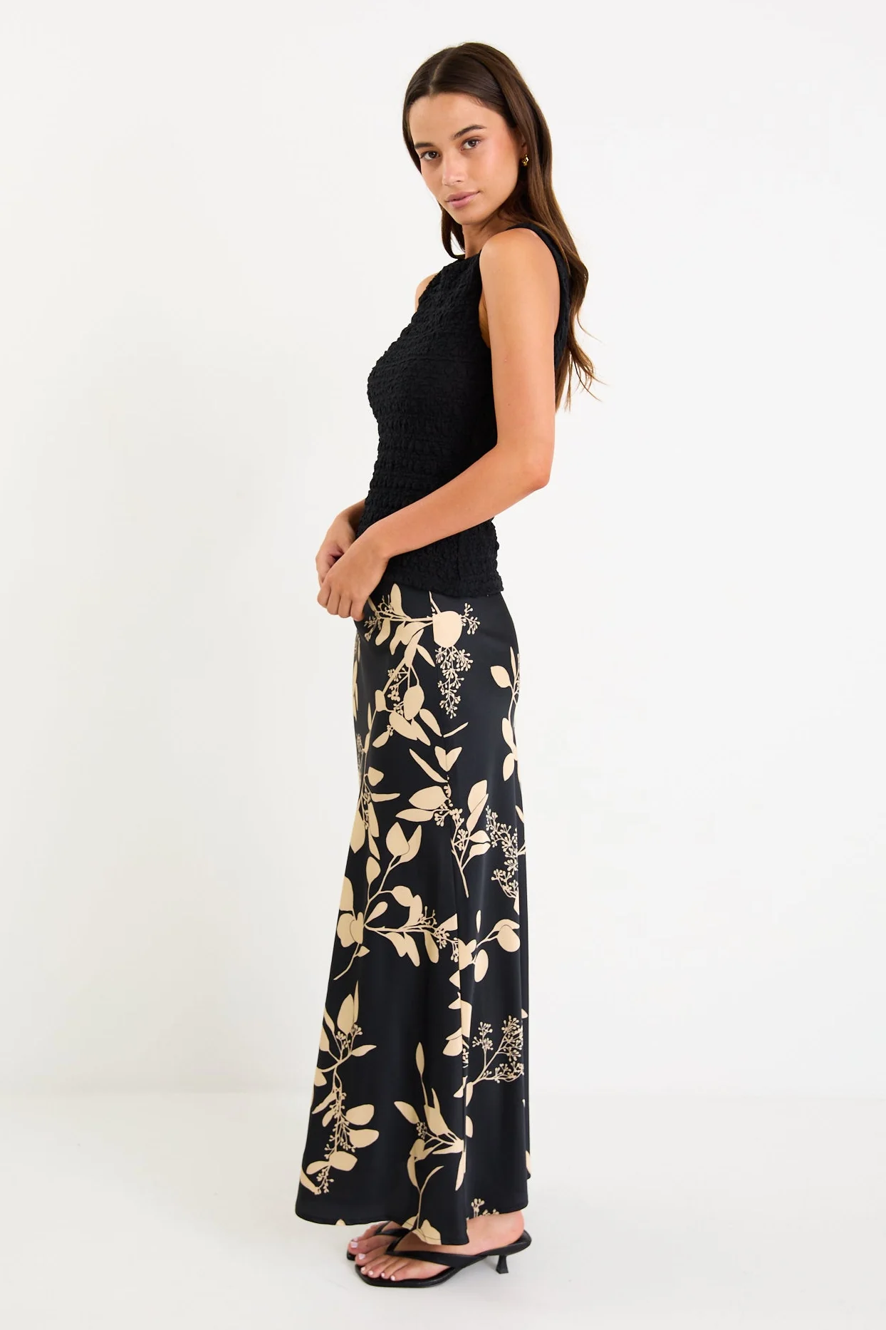 Prodigy Black Beige Floral Satin Bias Cut Maxi Skirt - Image 3