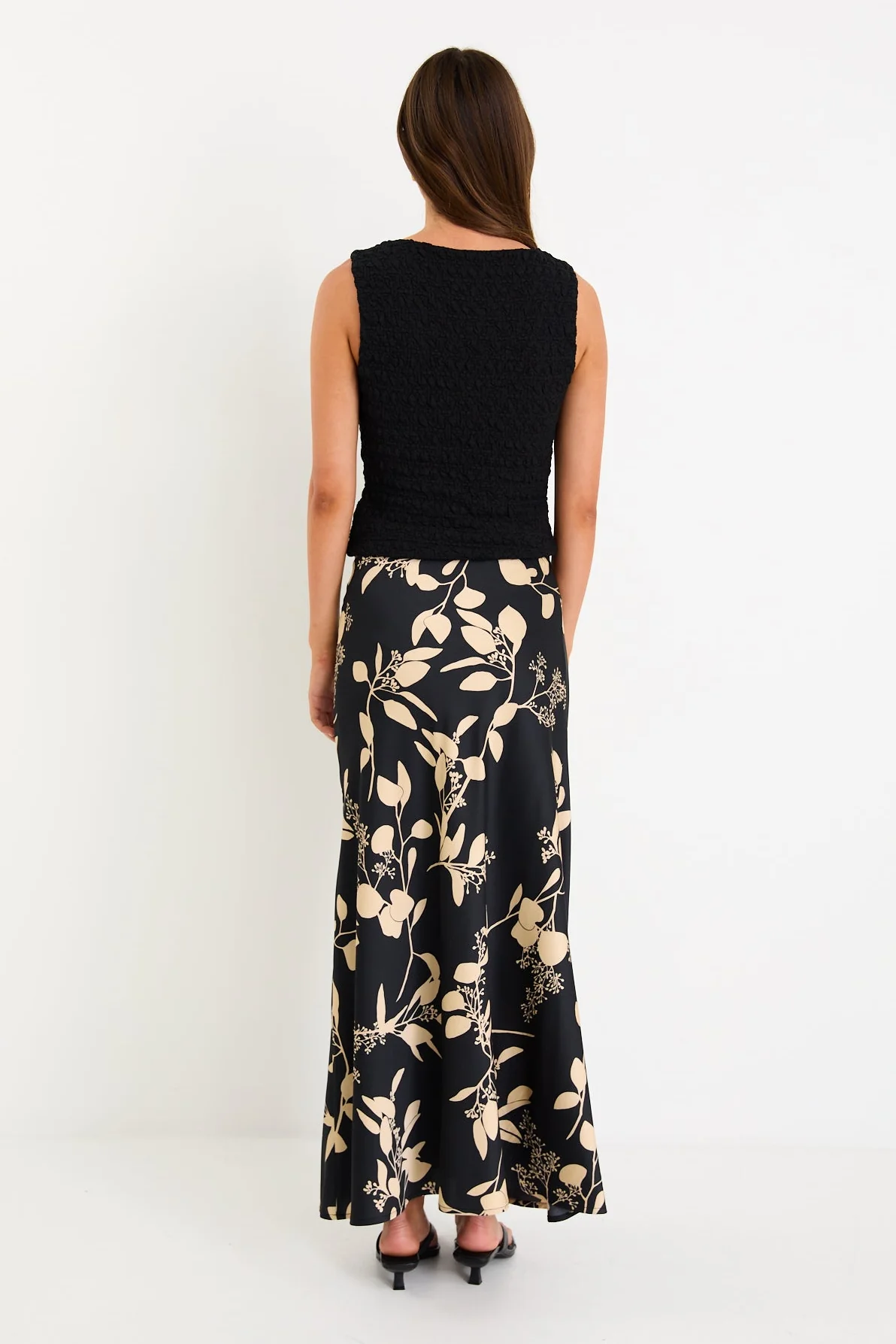 Prodigy Black Beige Floral Satin Bias Cut Maxi Skirt - Image 4