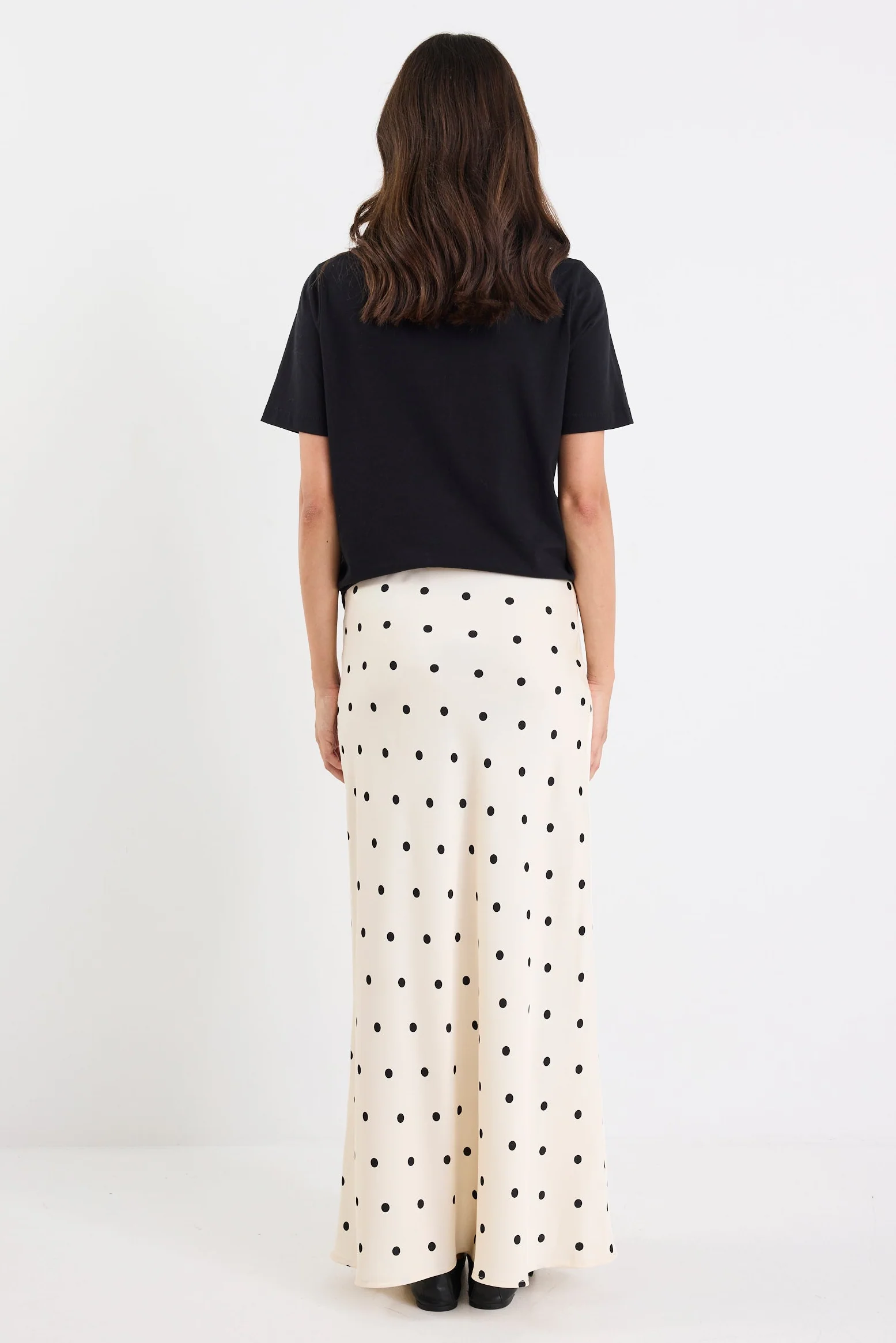 Prodigy Cream Black Polka Dot Satin Bias Cut Midi Skirt - Image 3