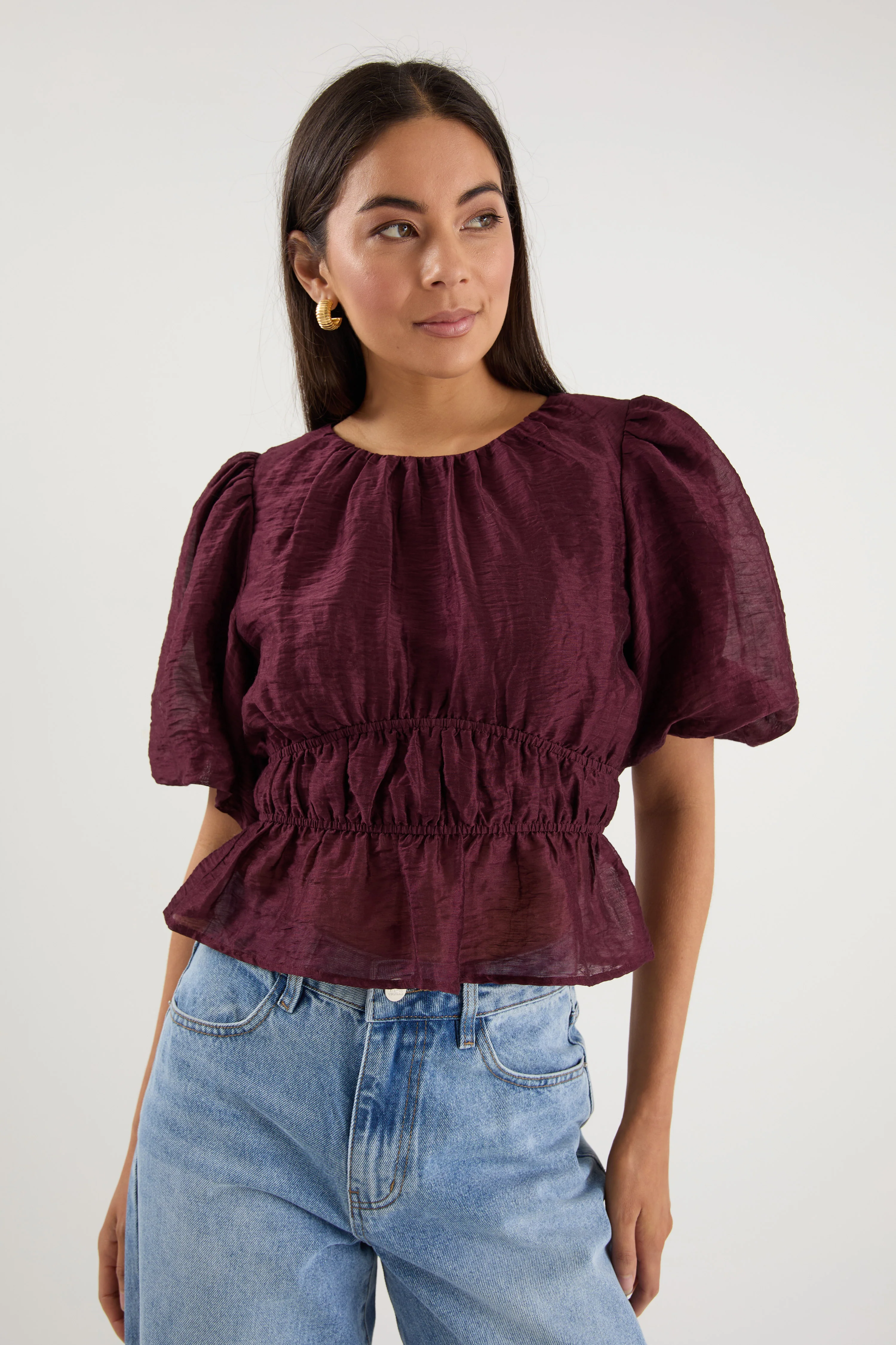 Prompt Burgundy Plum Bubble Sleeve Top - Image 2