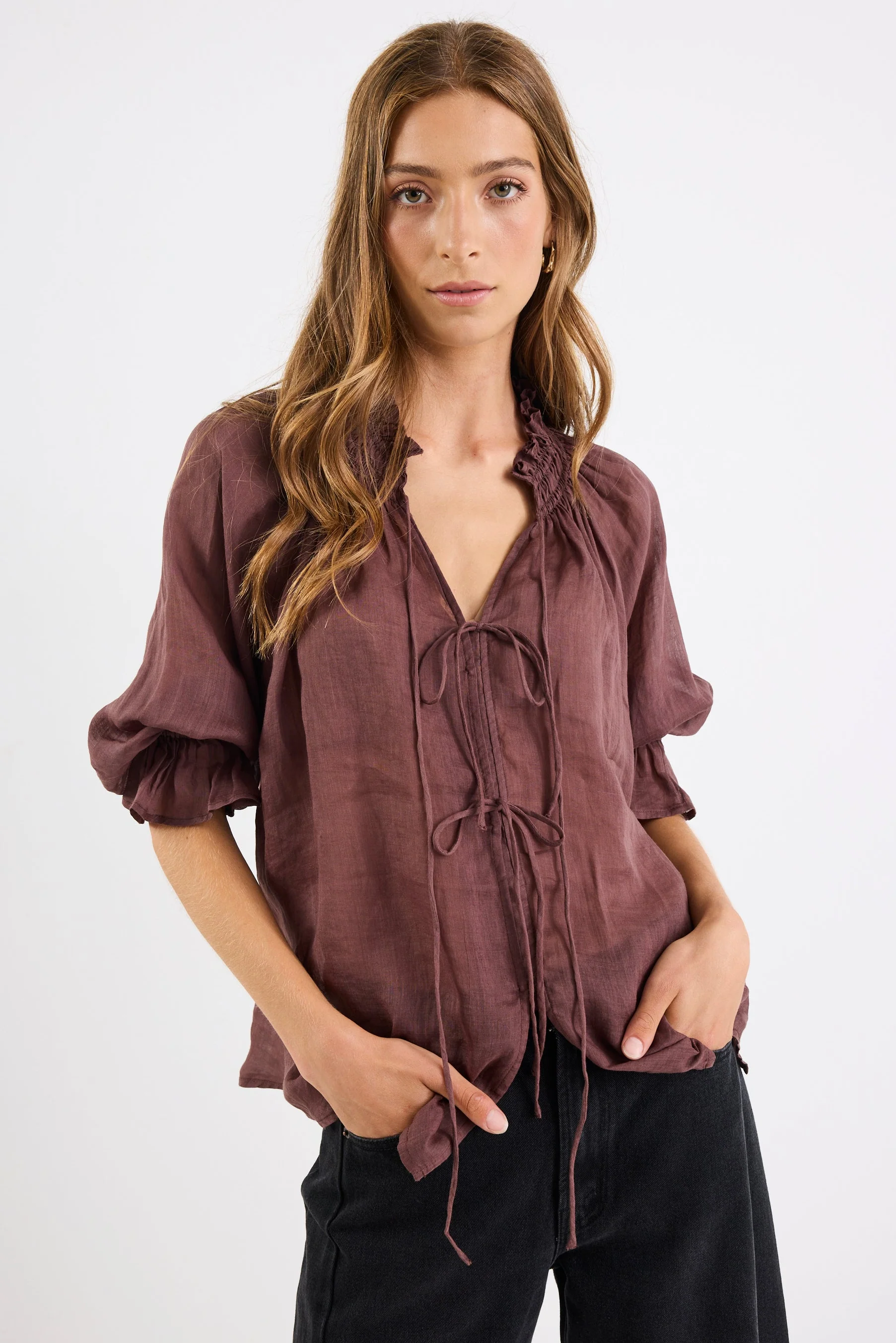Prospect Chocolate Tie Front Mid Sleeve Top - Image 2