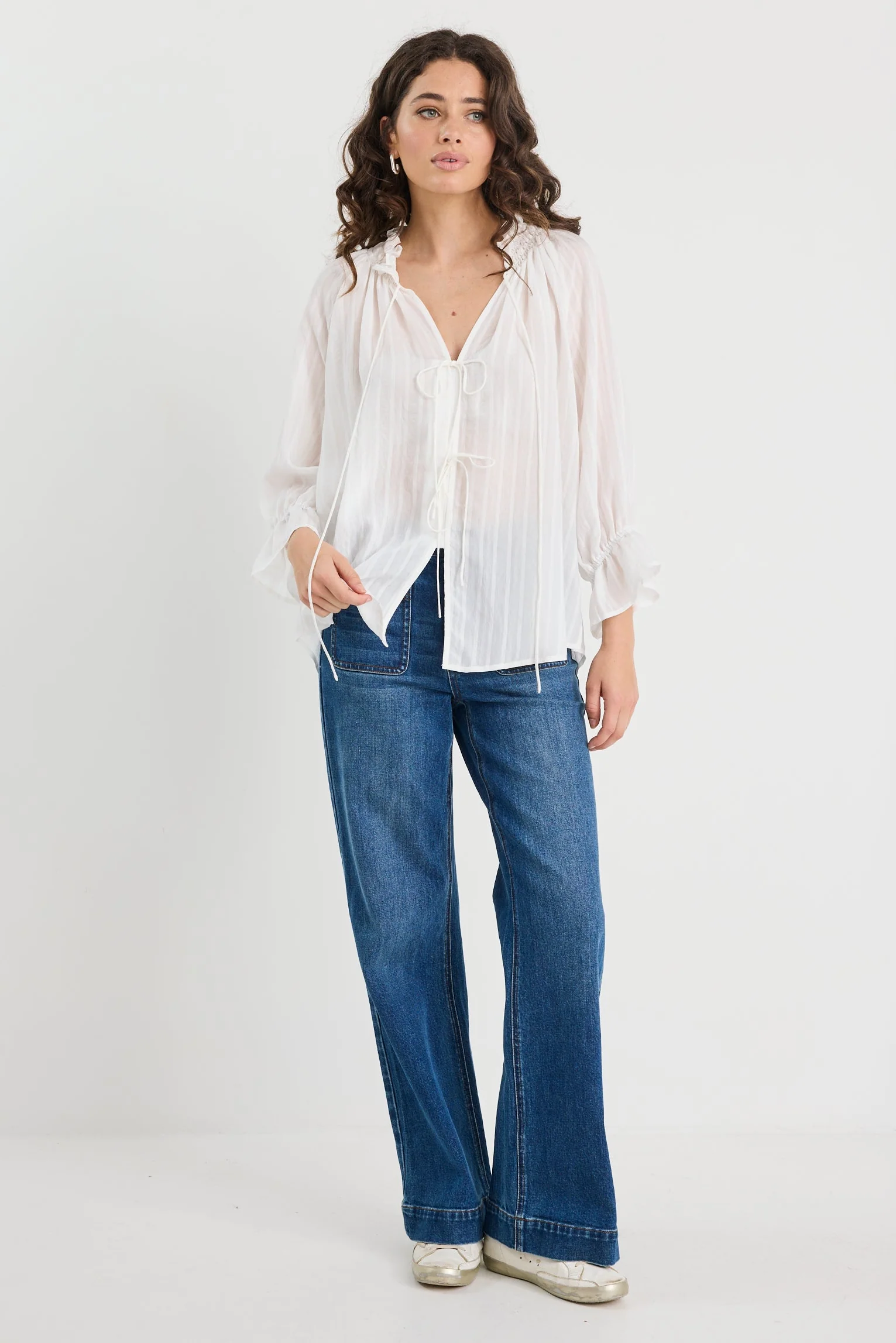 Prospect Ivory Stripe Tie Front Mid Sleeve Top - Image 2