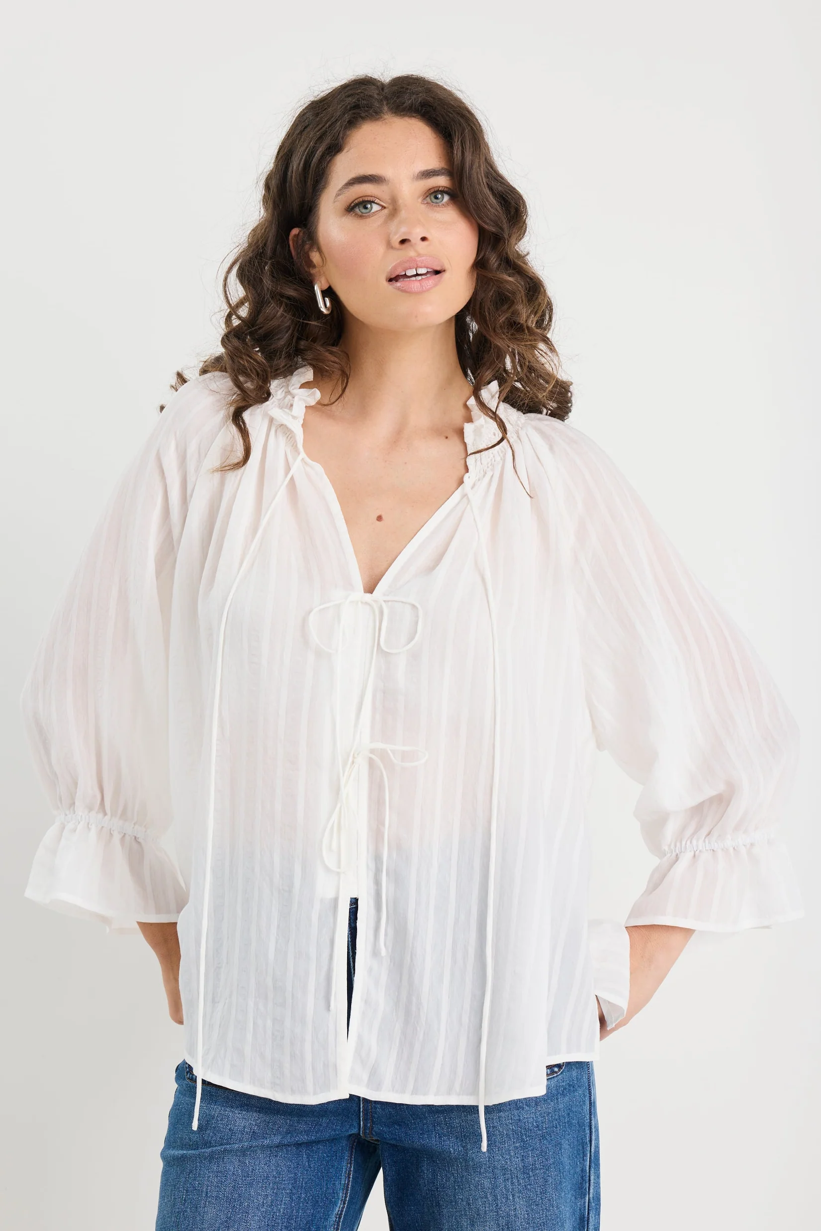 Prospect Ivory Stripe Tie Front Mid Sleeve Top - Image 3