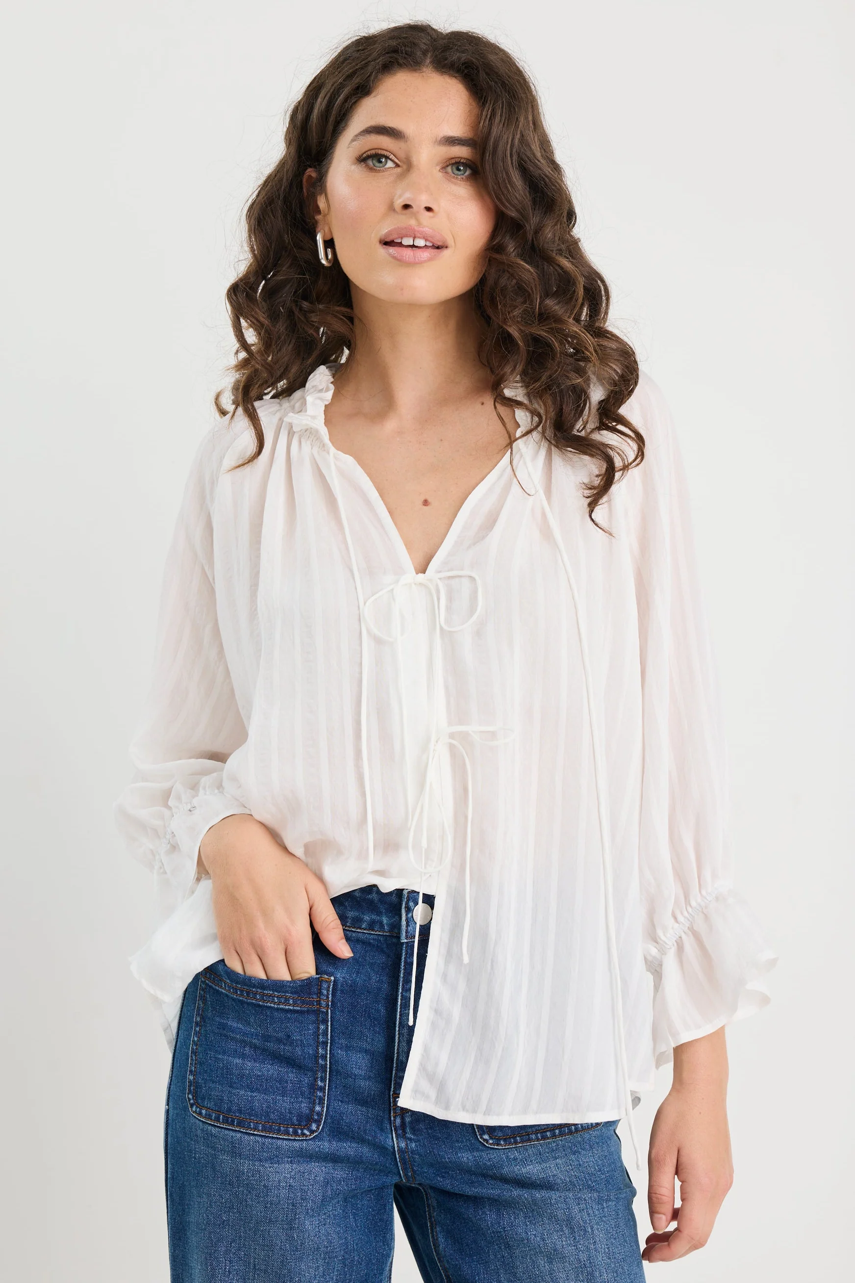 Prospect Ivory Stripe Tie Front Mid Sleeve Top - Image 4