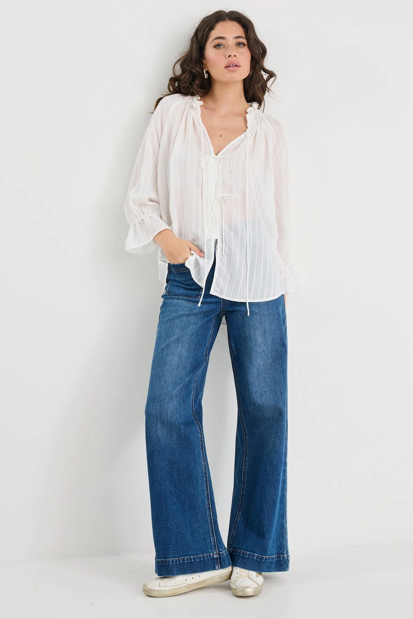 Prospect Ivory Stripe Tie Front Mid Sleeve Top - Image 6