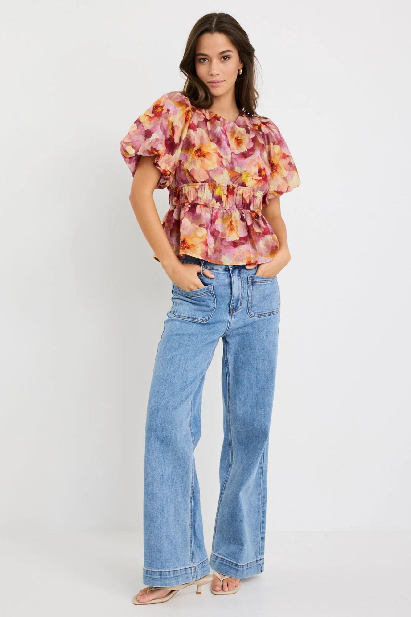 Provoke Pink Multi Floral Bubble Sleeve Top - Image 2