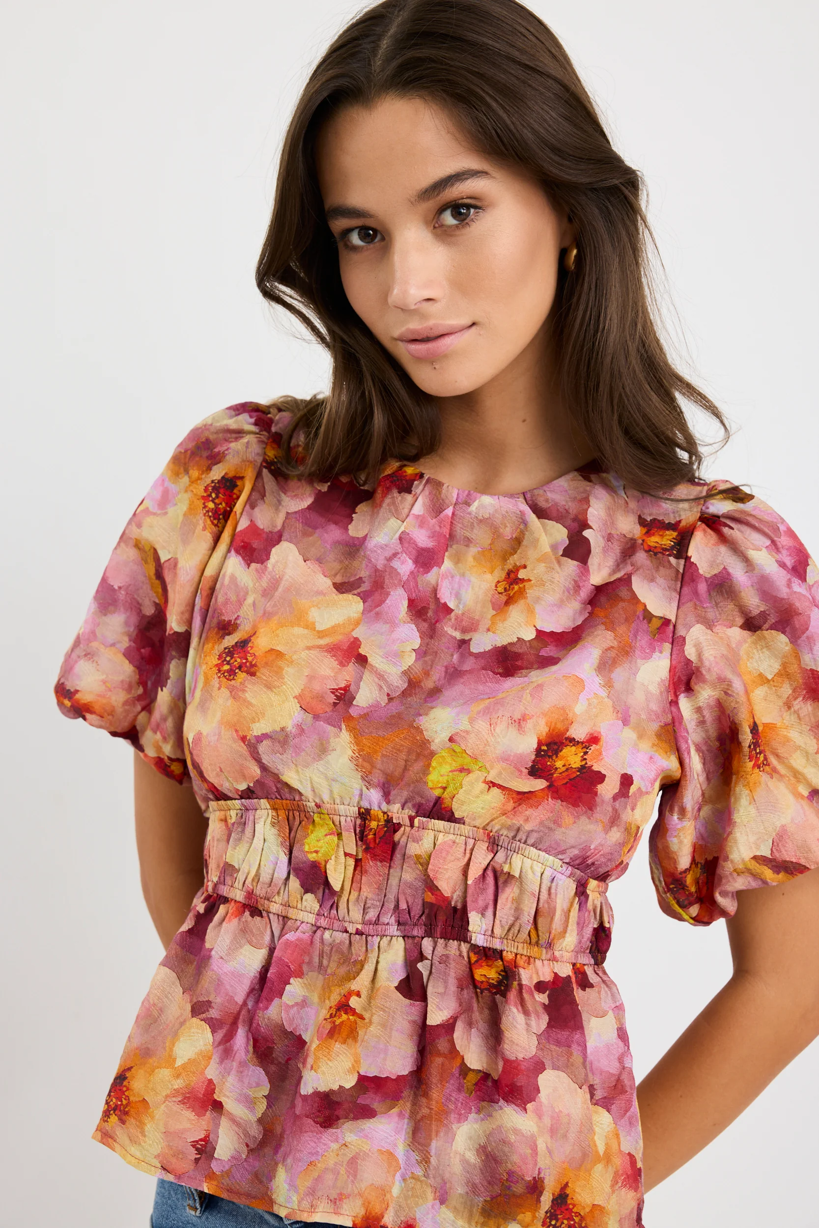 Provoke Pink Multi Floral Bubble Sleeve Top - Image 3