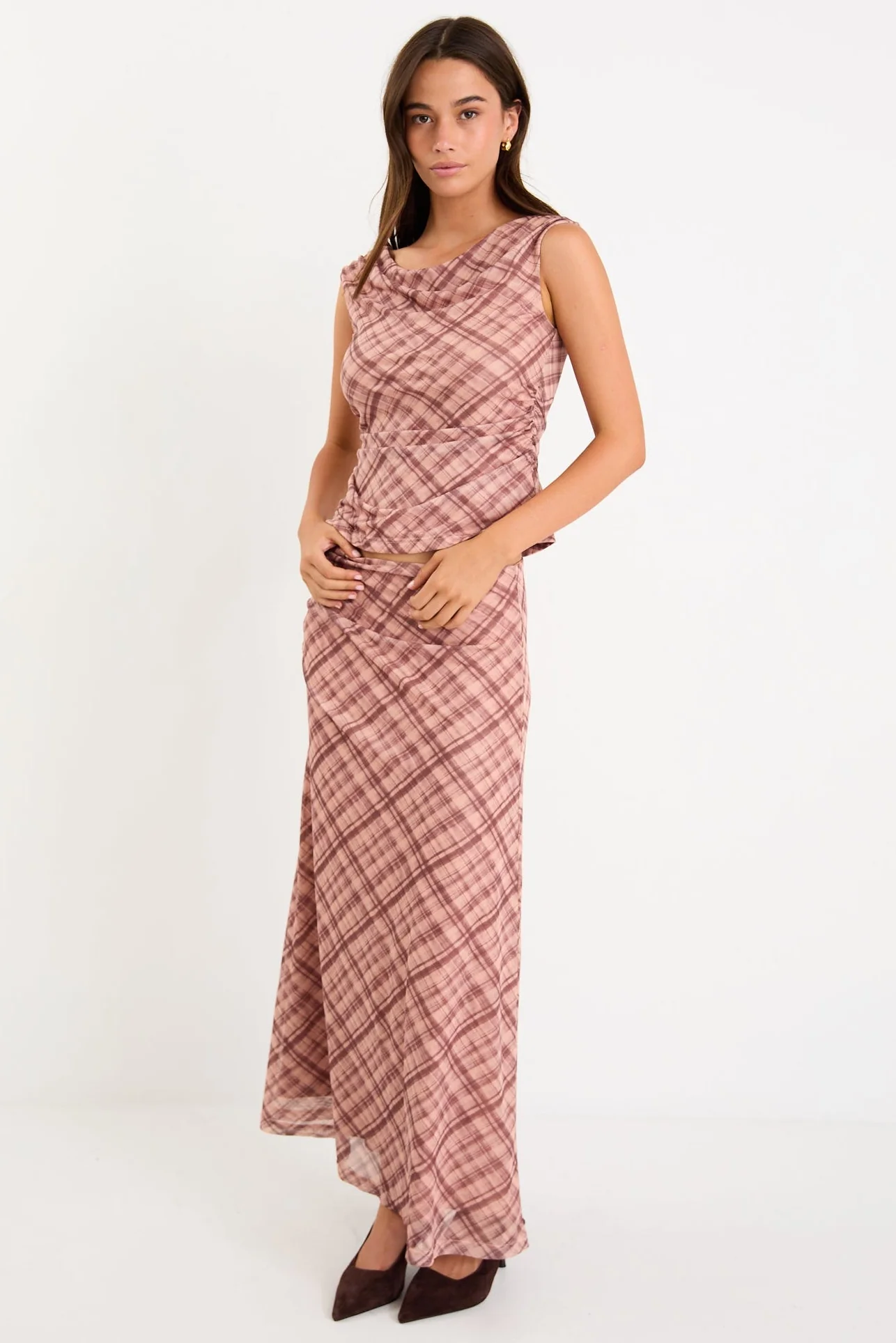 Quench Blush Check Mesh Panelled Maxi Skirt - Image 3