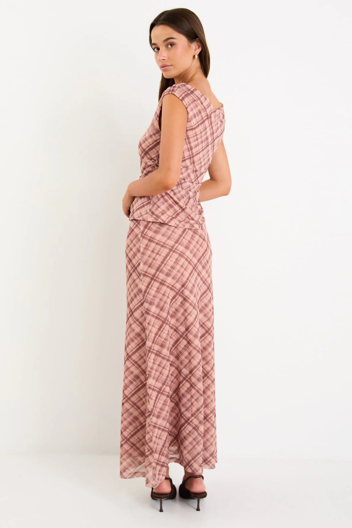 Quench Blush Check Mesh Panelled Maxi Skirt - Image 4