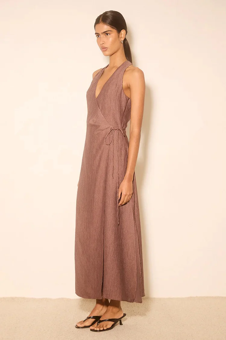 Rae Mocha Sleeveless Satin Crinkle Wrap Maxi Dress - Image 3