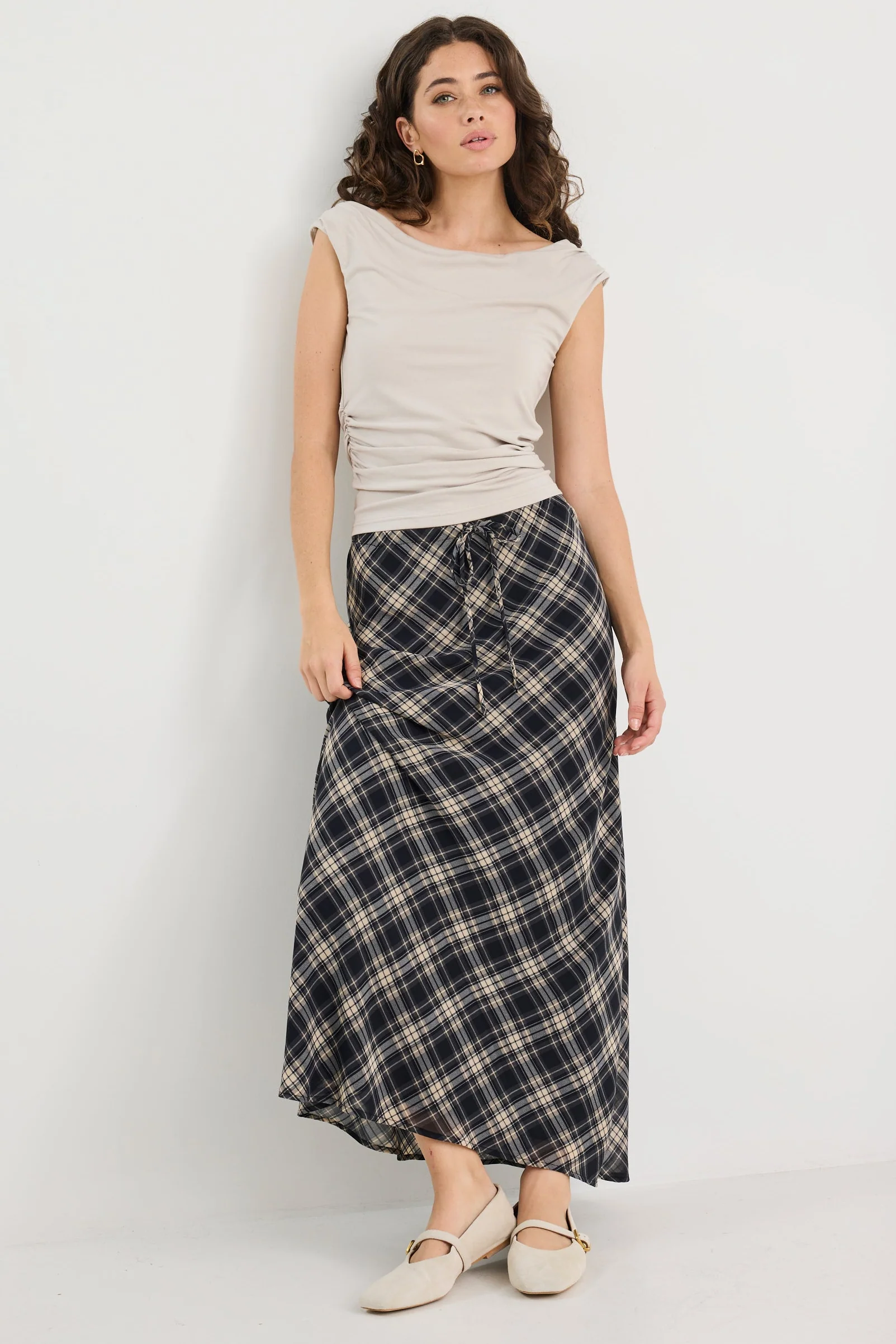 Rally Black Check Chiffon Tie Waist Bias Maxi Skirt