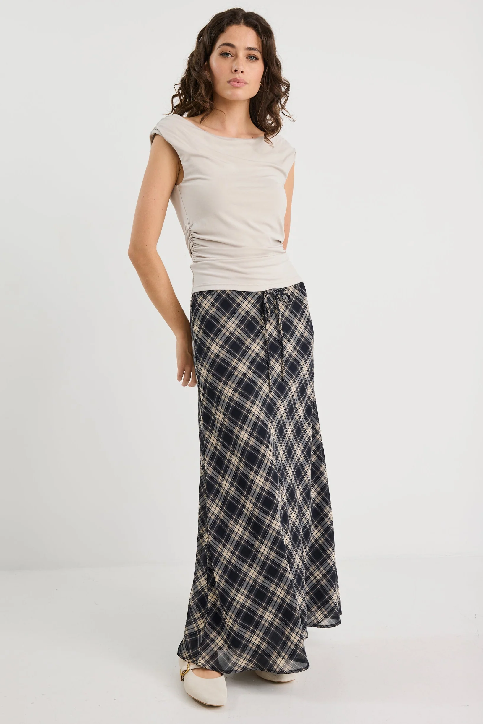Rally Black Check Chiffon Tie Waist Bias Maxi Skirt - Image 3