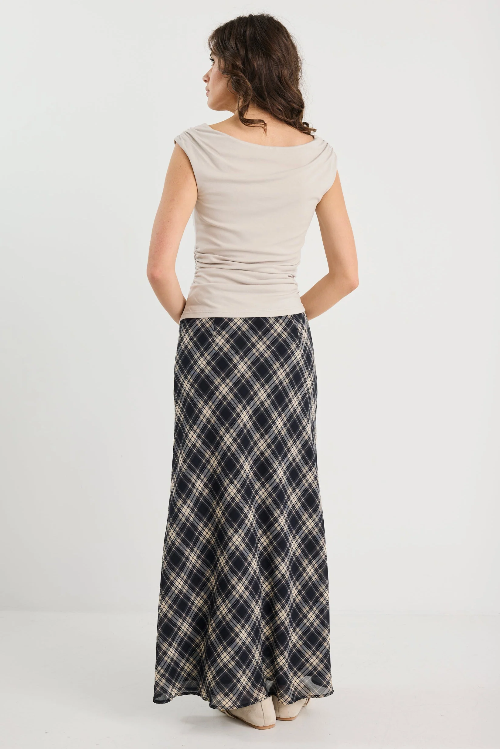 Rally Black Check Chiffon Tie Waist Bias Maxi Skirt - Image 5