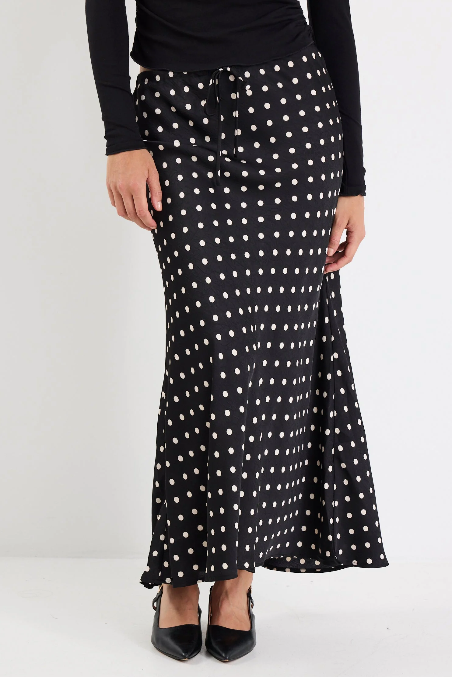 Rarity Black White Polka Dot Satin Tie Waist Bias Maxi Skirt - Image 2