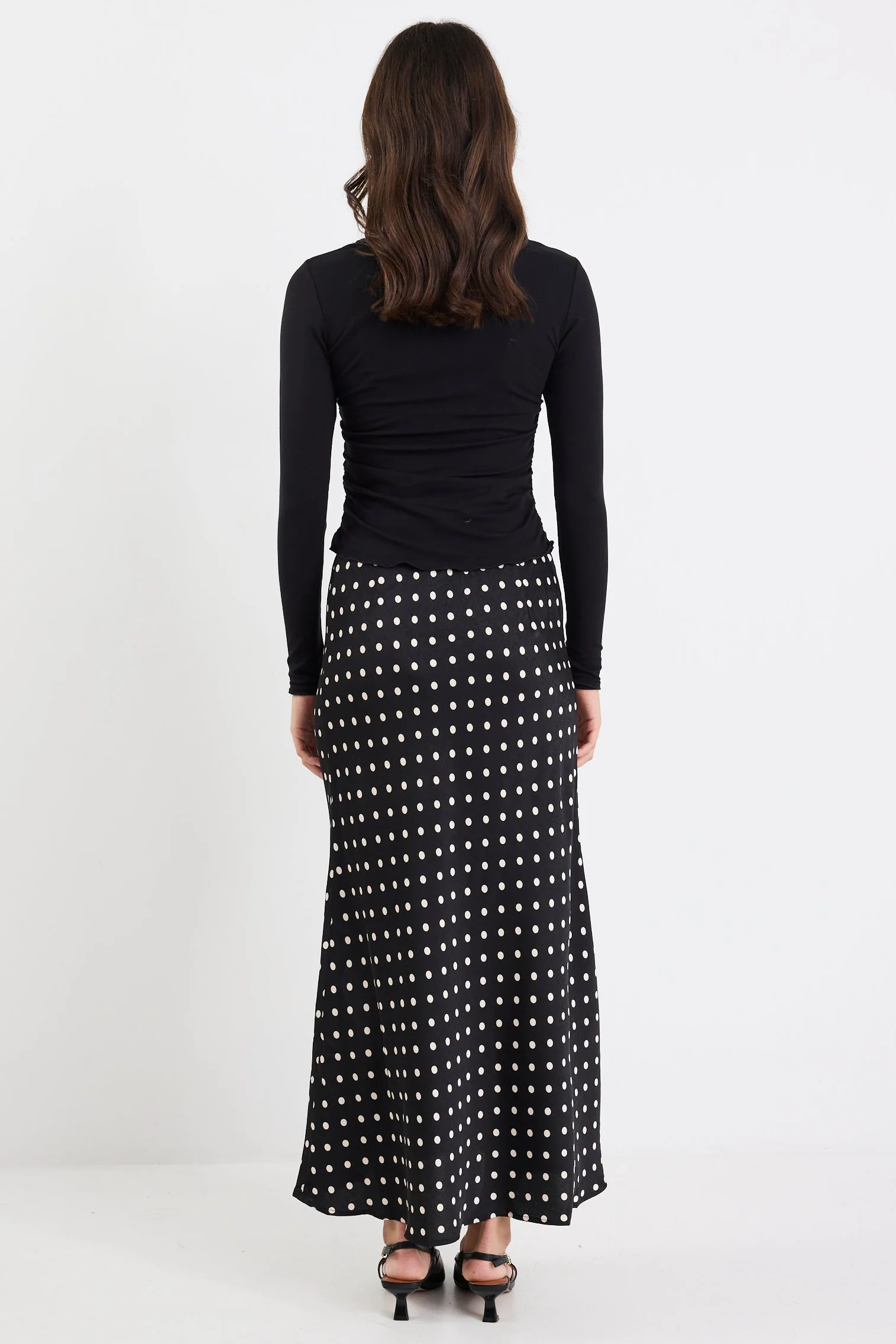 Rarity Black White Polka Dot Satin Tie Waist Bias Maxi Skirt - Image 4