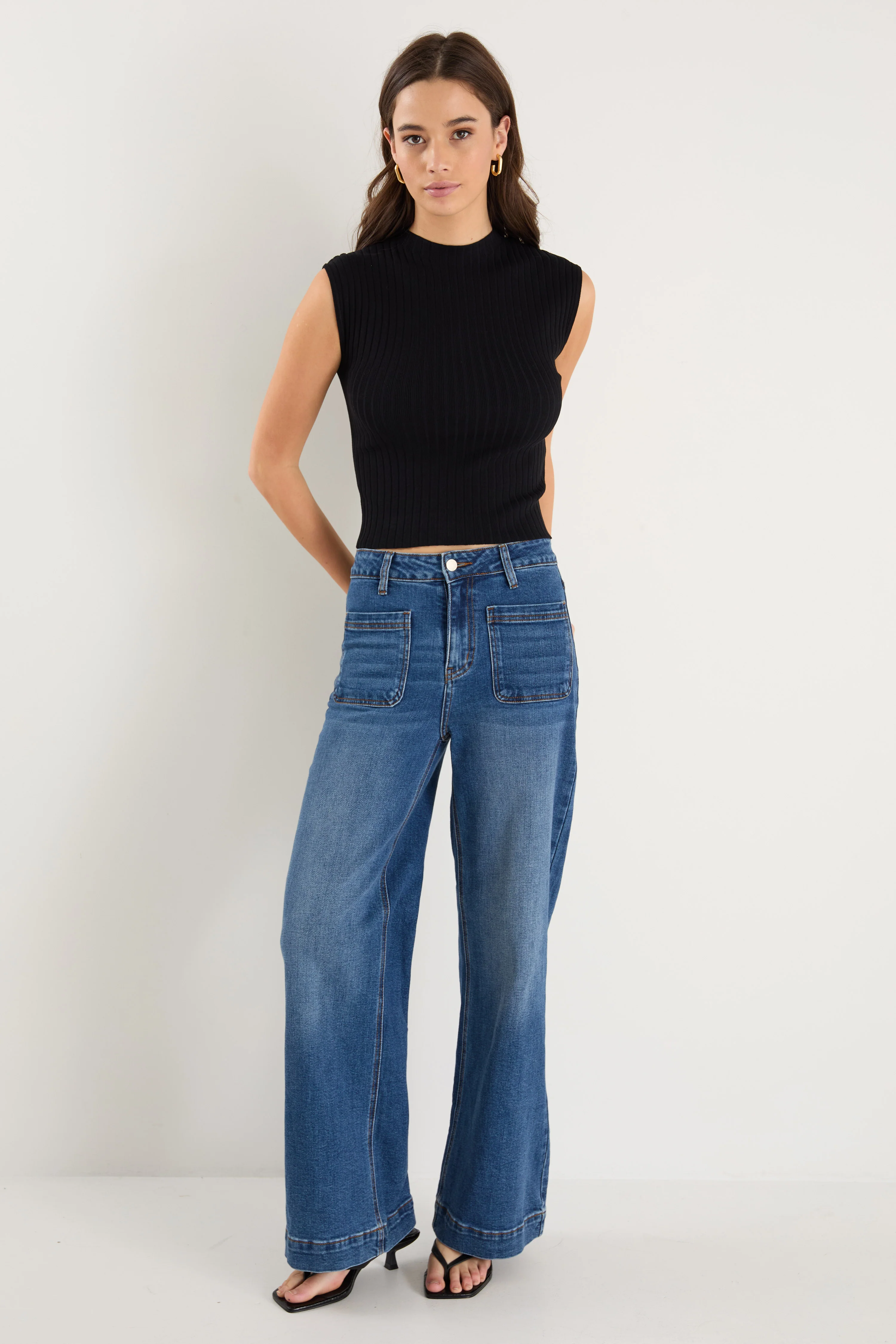 Regal Black Sleeveless Funnel Neck Rib Knit Top