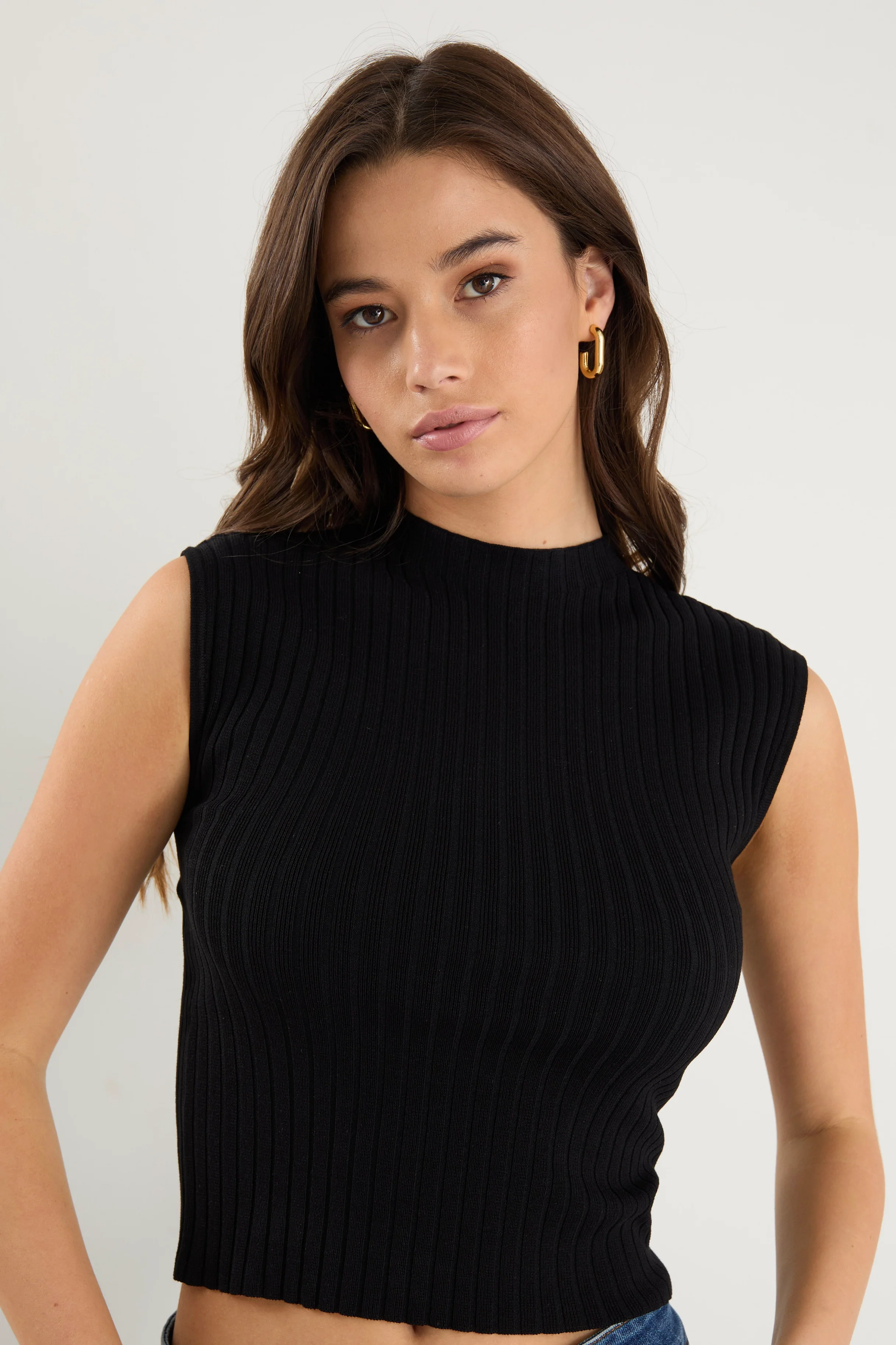 Regal Black Sleeveless Funnel Neck Rib Knit Top - Image 2