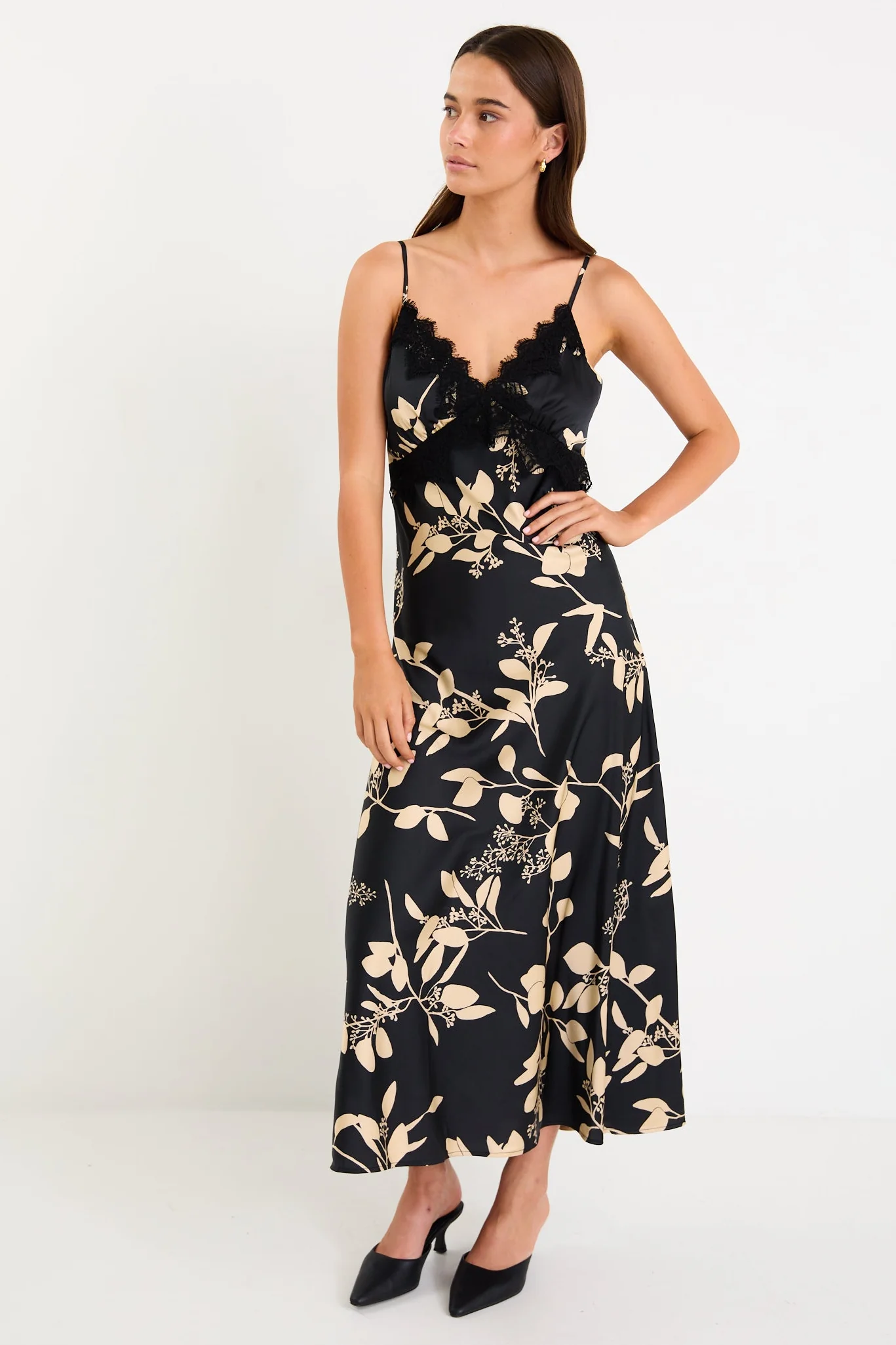 Region Black Beige Floral Satin Lace Trim Maxi Dress - Image 2