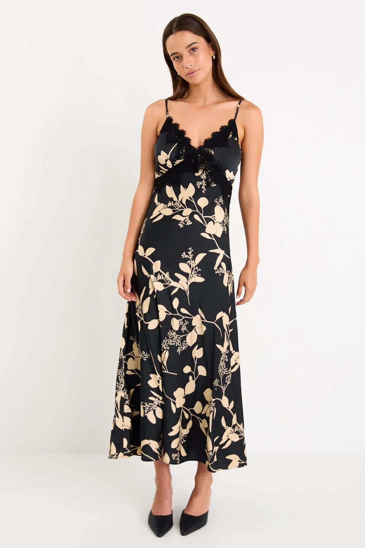 Region Black Beige Floral Satin Lace Trim Maxi Dress - Image 3