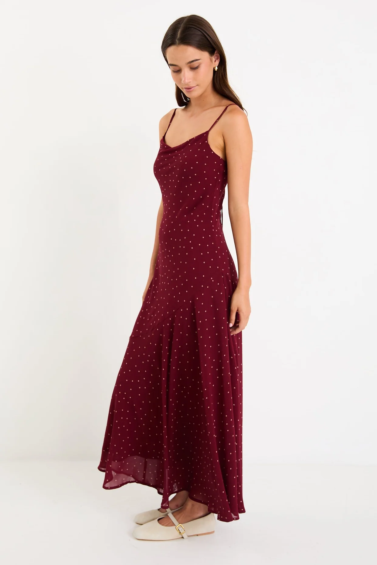 Reign Burgundy Polka Dot Georgette Strappy Maxi Dress - Image 2