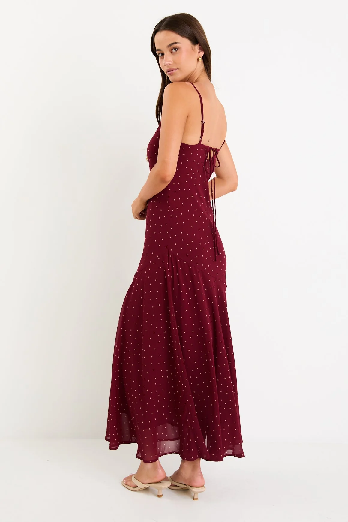 Reign Burgundy Polka Dot Georgette Strappy Maxi Dress - Image 6