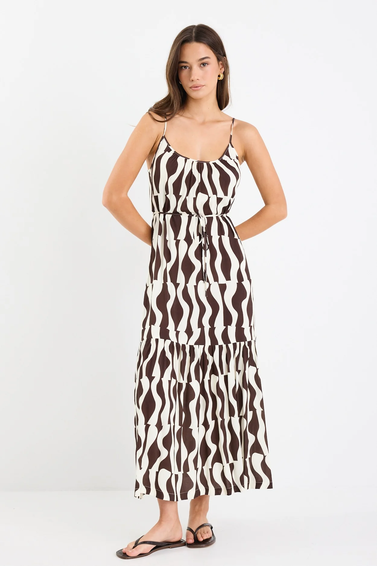 Relax Chocolate Geo Strappy Tiered Midi Dress