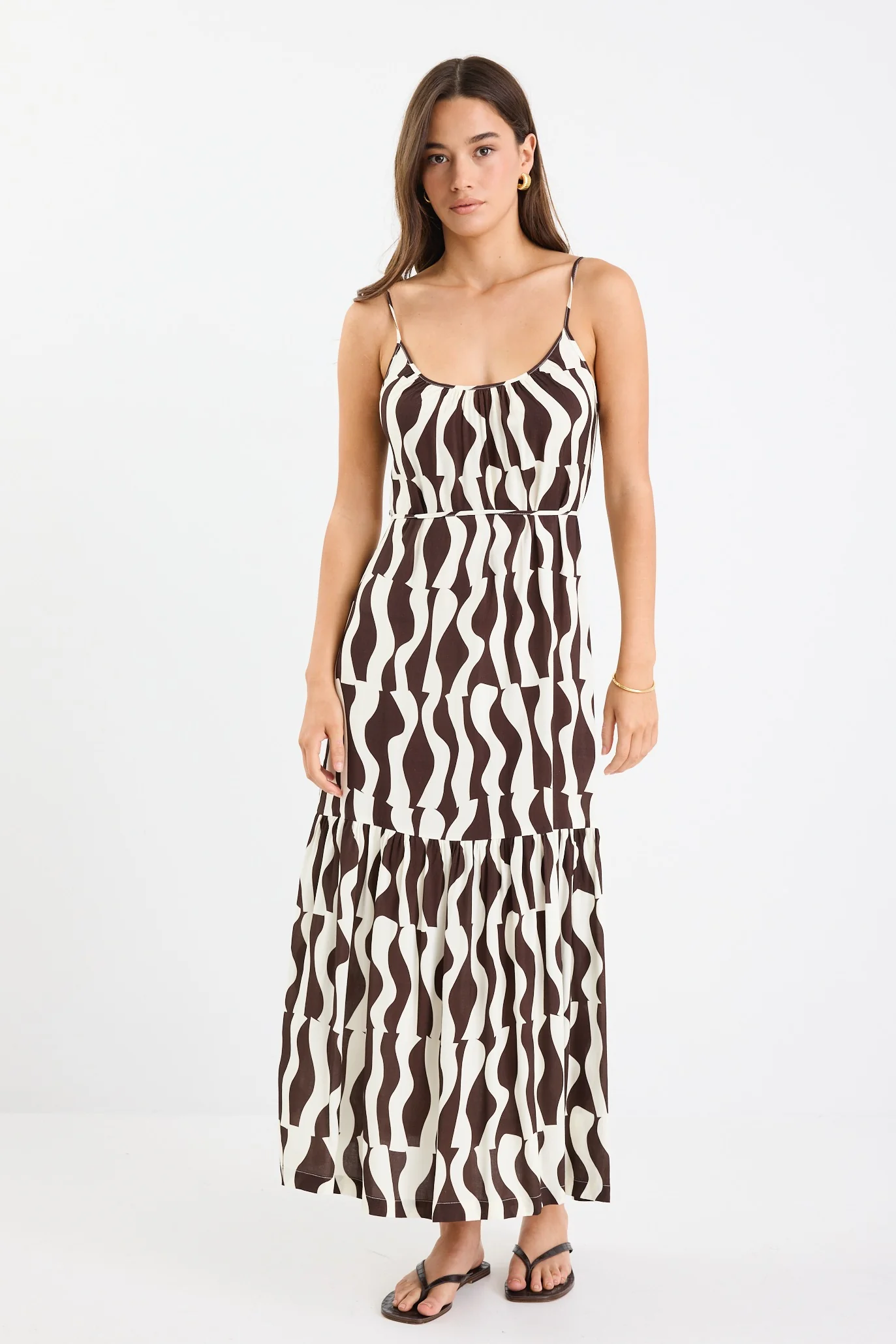 Relax Chocolate Geo Strappy Tiered Midi Dress - Image 4