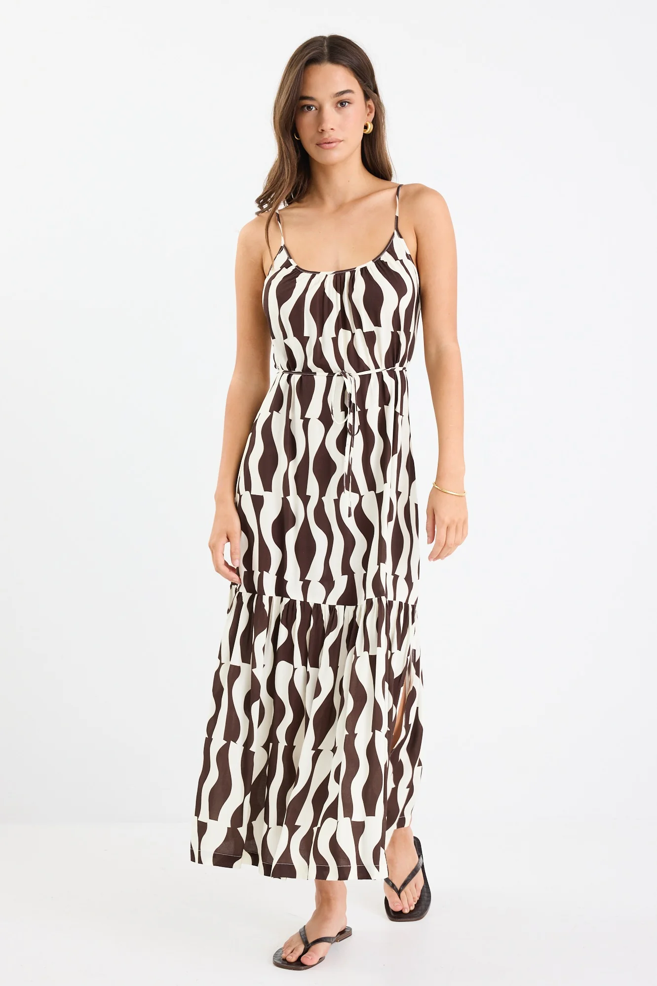 Relax Chocolate Geo Strappy Tiered Midi Dress - Image 6