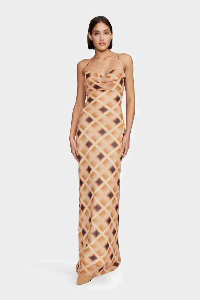 Remy Caramel Check Cowl Neck Strappy Maxi Dress - Image 3
