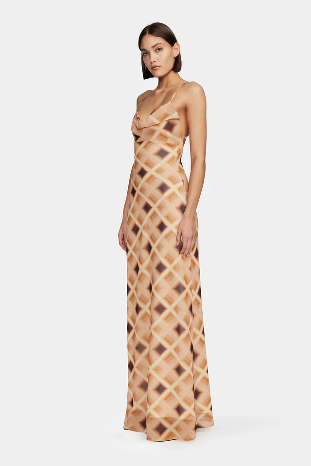 Remy Caramel Check Cowl Neck Strappy Maxi Dress - Image 4