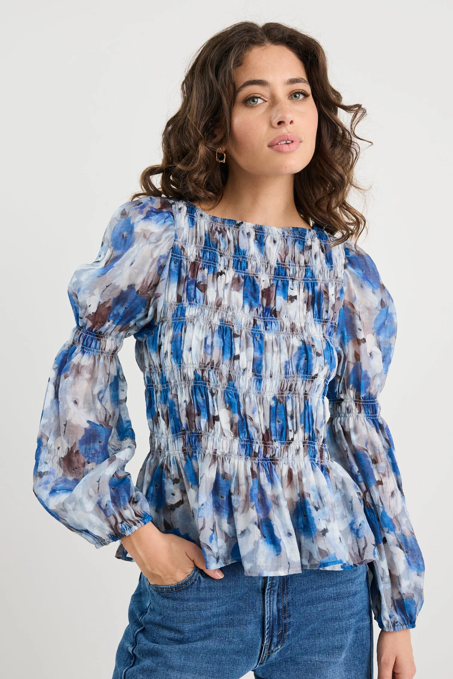 Required Sky Blue Floral LS Shirred Bodice Top